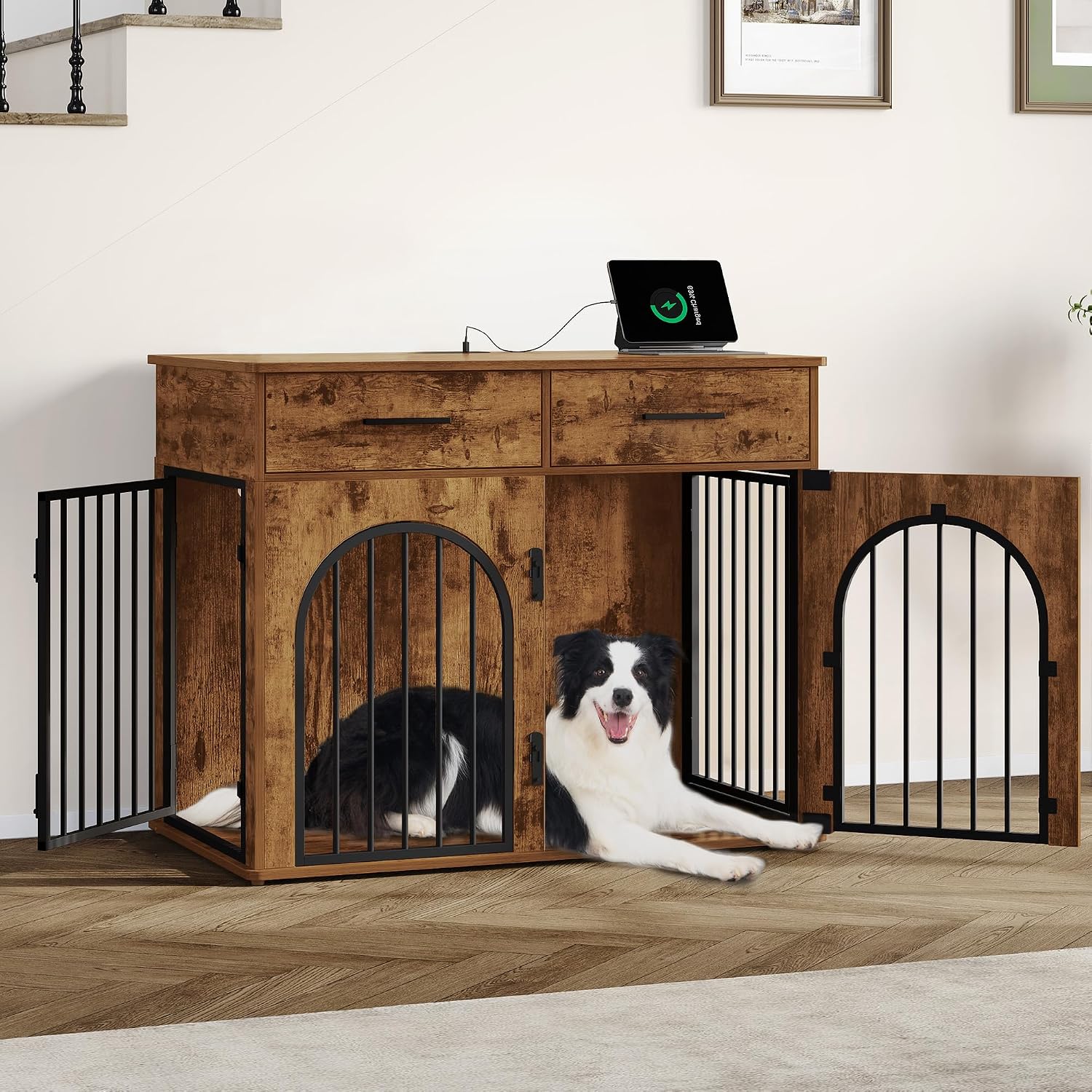 Furniture‑style dog crate with built‑in storage drawers and power strip, chew‑resistant metal frame, triple‑door secure locking design, doubles as side table for medium and large‑sized dogs indoors.