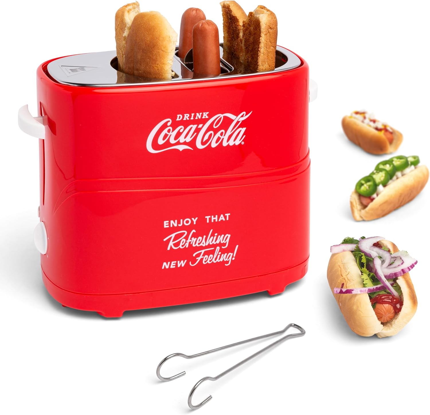 Retro‑styled 2‑slot hot dog cooker toasts buns and cooks multiple sausage types, supplied with mini tongs, great for quick snacks and casual home parties.