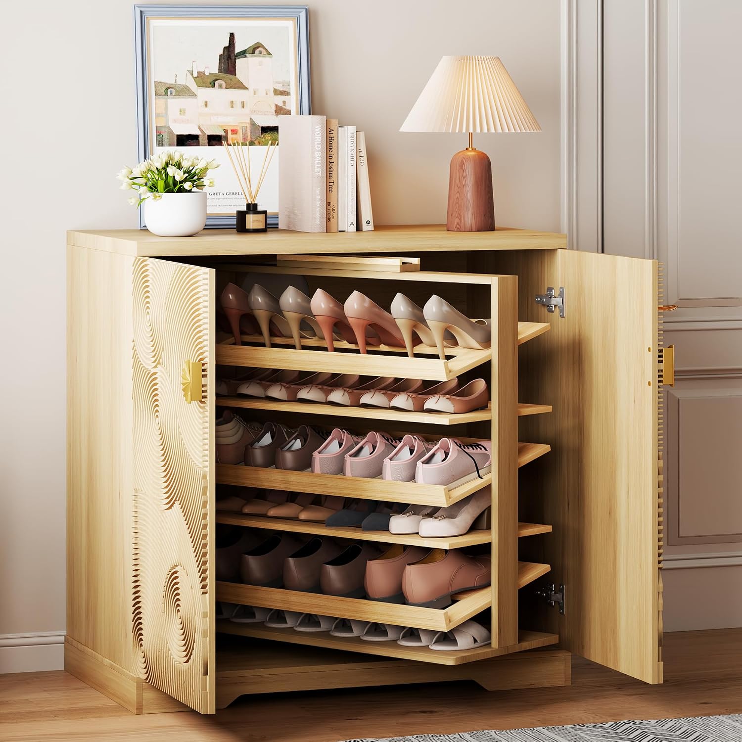 Cnmcld Shoe Storage Cabinet with Doors and 6 Tier Rotating Shelves, Black