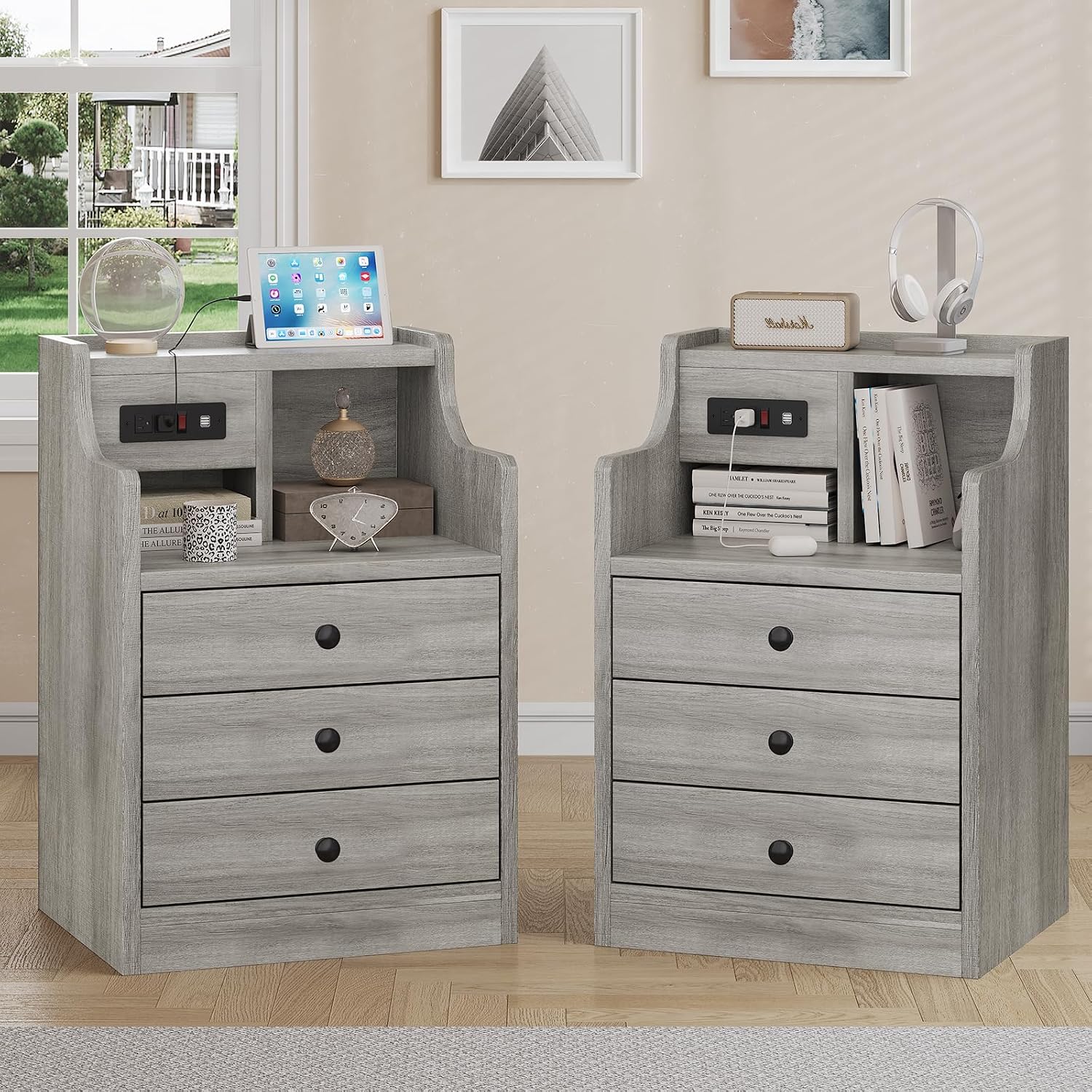This multi‑drawer bedside cabinet with built‑in USB and mains charging ports is sturdily built, space‑saving and versatile for bedrooms and living‑room spaces.