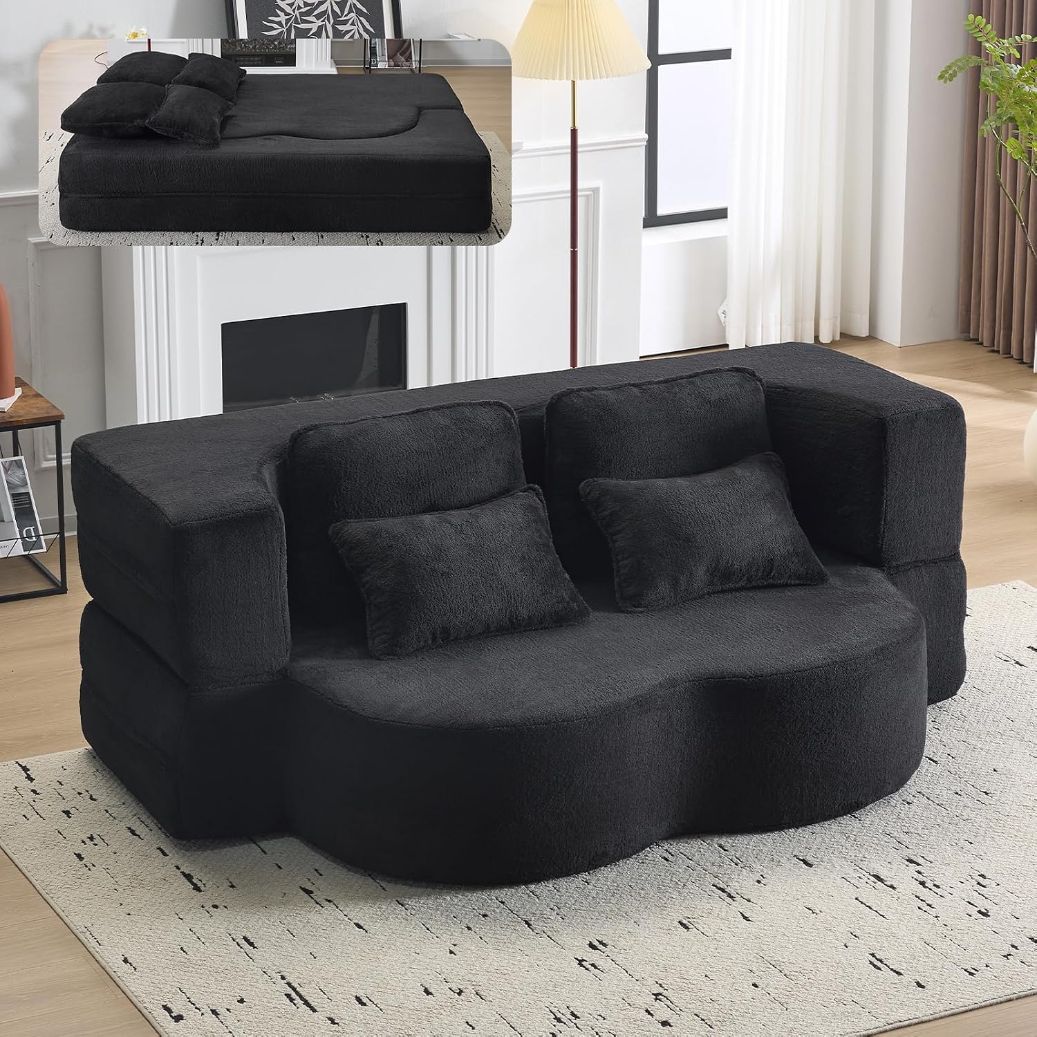 This convertible foam floor sofa‑bed with plush chenille fabric transforms from loveseat to sleeper, supplied with cushions and needing no assembly.
