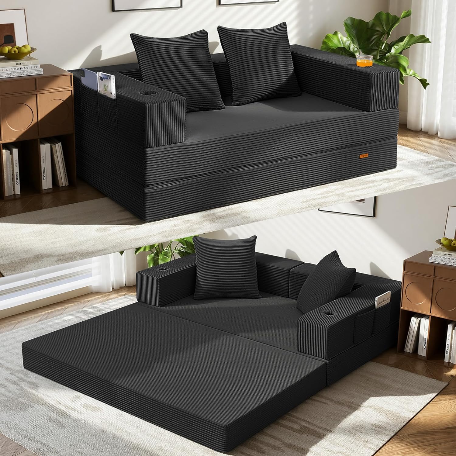 Cnmcld Boneless Futon Sofa Bed, 59" Small Low-Profile Floor Couch, Black