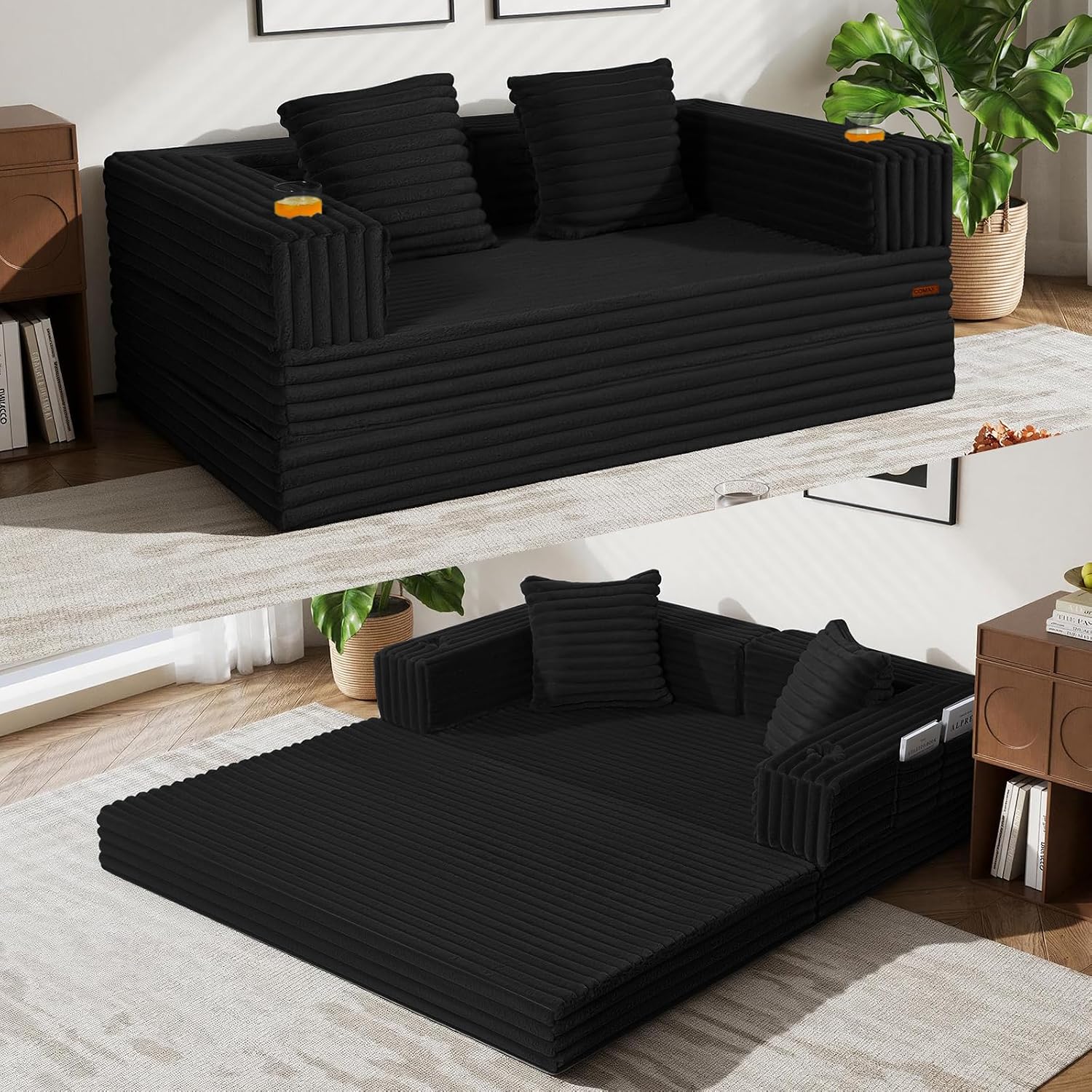 Cnmcld Boneless Futon Sofa Bed, 59" Small Low-Profile Floor Couch, Black