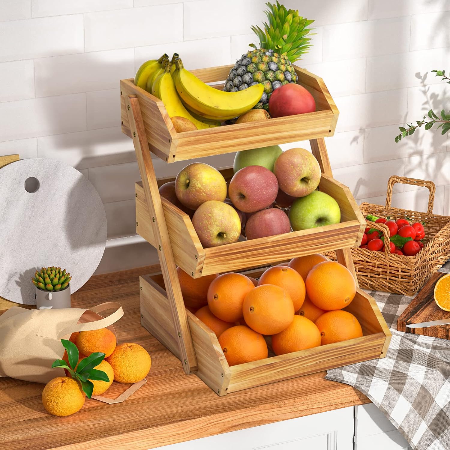 This spacious natural bamboo fruit storage rack creates an eye‑catching kitchen centrepiece, holding fruit, vegetables and bread with quick simple assembly.