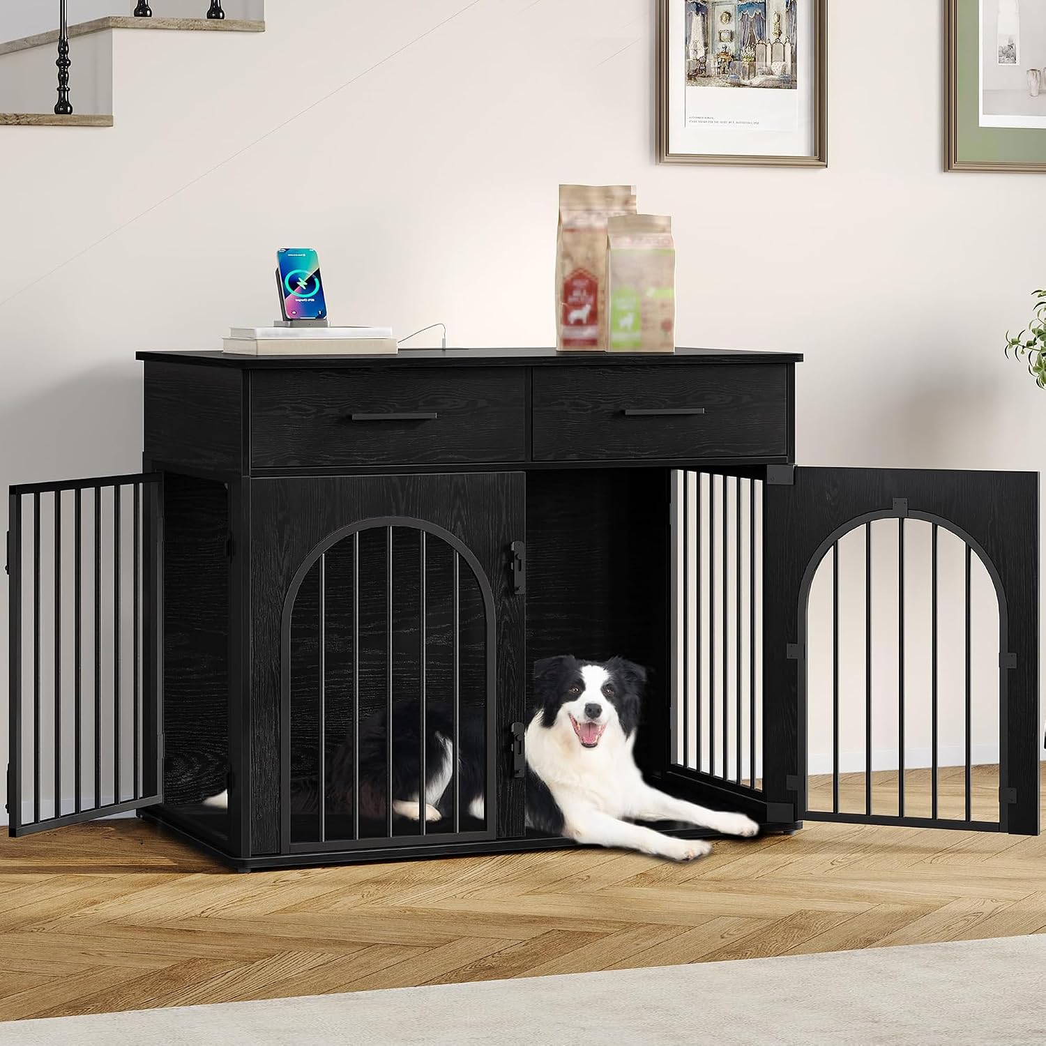 Furniture‑style dog crate with built‑in storage drawers and power strip, chew‑resistant metal frame, triple‑door secure locking design, doubles as side table for medium and large‑sized dogs indoors.