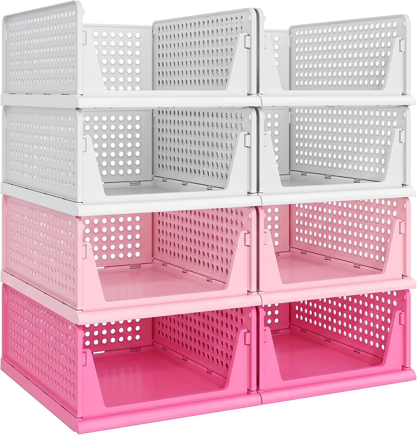 stackable plastic storage baskets, multi‑use closet organisers for bedrooms, bathrooms, RVs and playrooms to keep clothes neatly arranged.