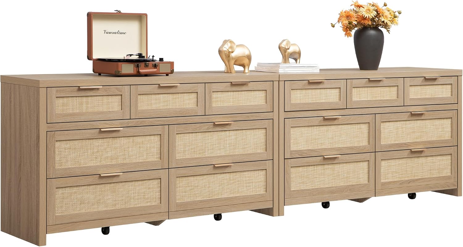 7 Drawer Rattan Dresser for Bedroom, 57" Wide Dresser