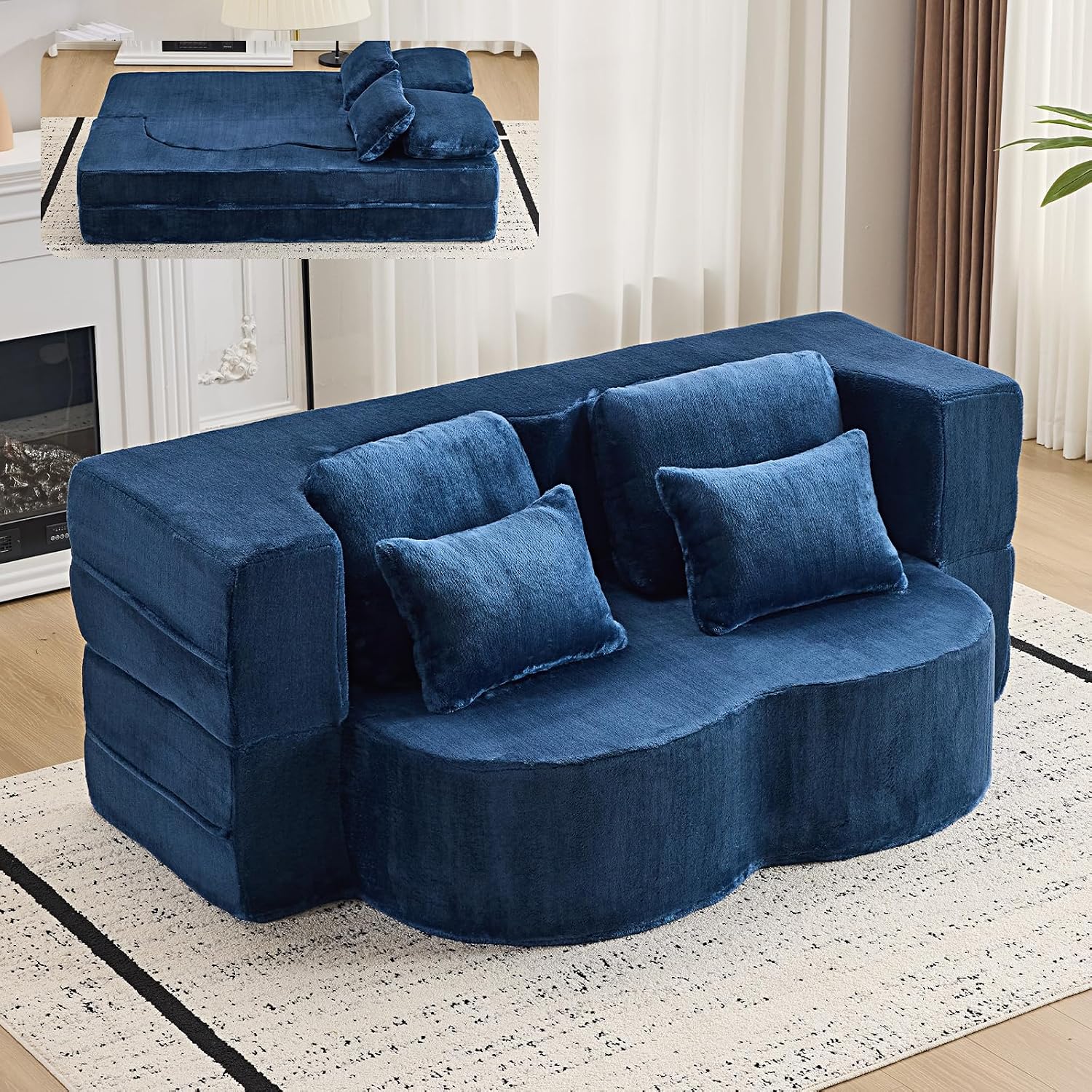 This convertible foam floor sofa‑bed with plush chenille fabric transforms from loveseat to sleeper, supplied with cushions and needing no assembly.