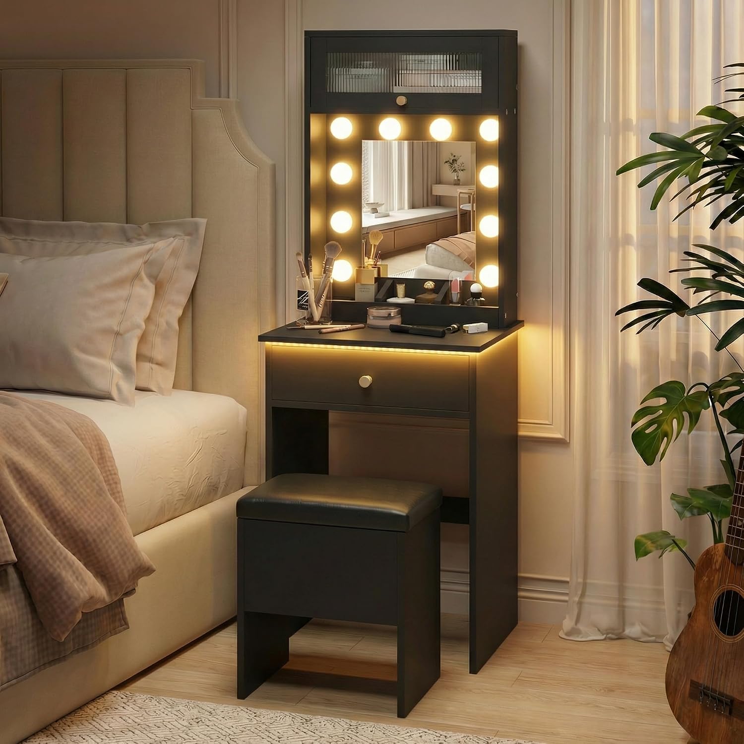 Compact space‑saving dressing‑table set with drop‑leaf top, storage drawers, stowable storage stool and dimmable three‑tone LED mirror for small bedrooms and apartments.