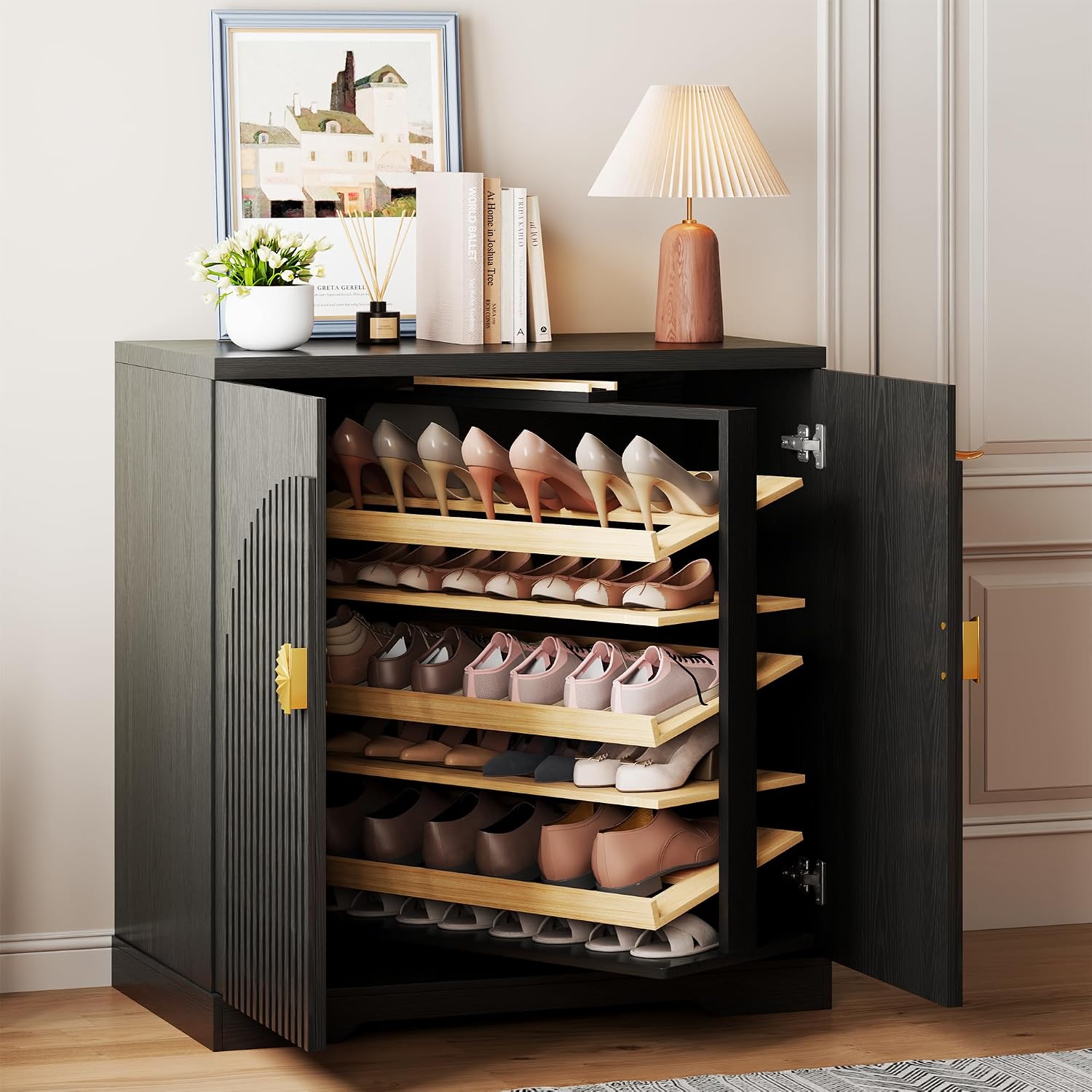 Cnmcld Shoe Storage Cabinet with Doors and 6 Tier Rotating Shelves, Black