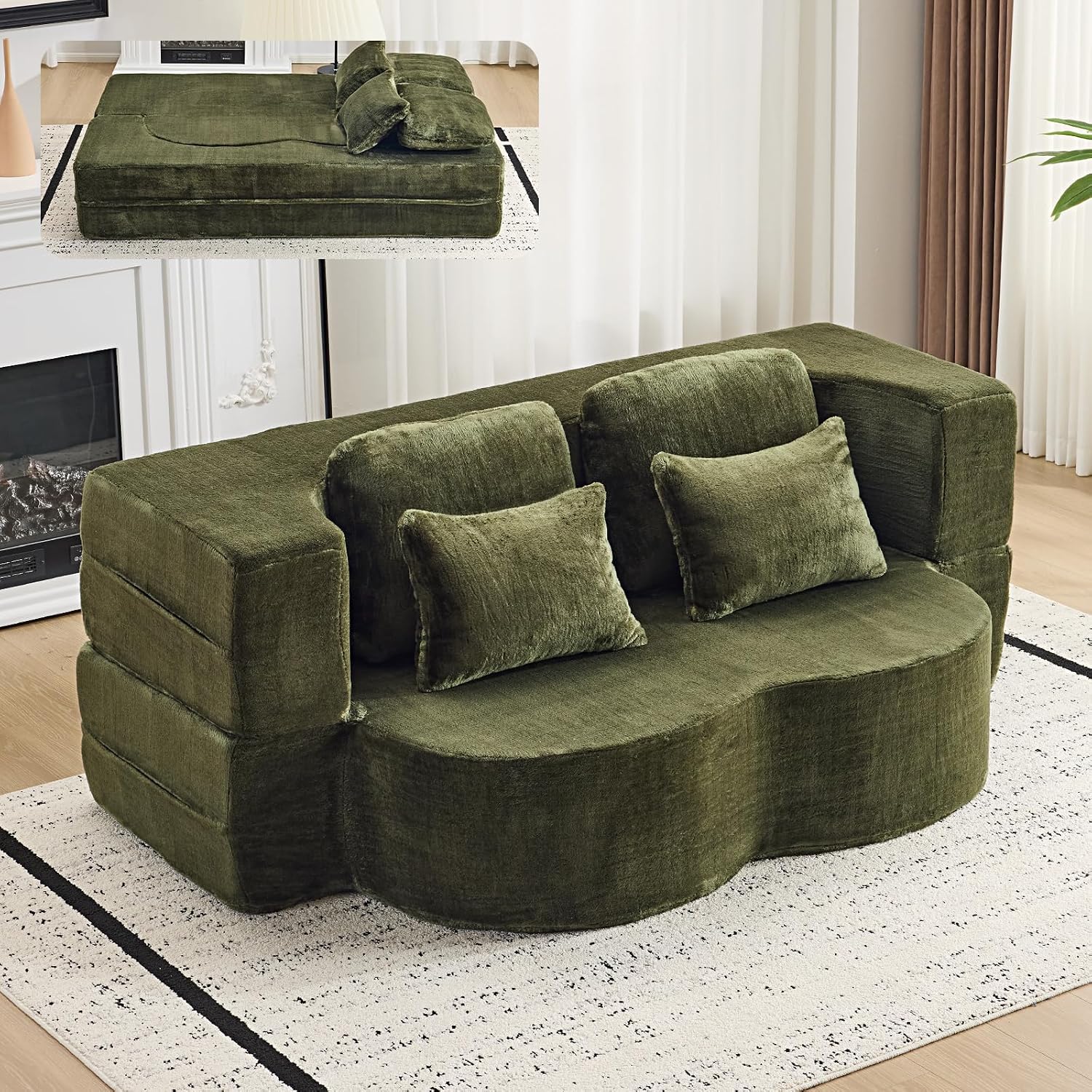 This convertible foam floor sofa‑bed with plush chenille fabric transforms from loveseat to sleeper, supplied with cushions and needing no assembly.