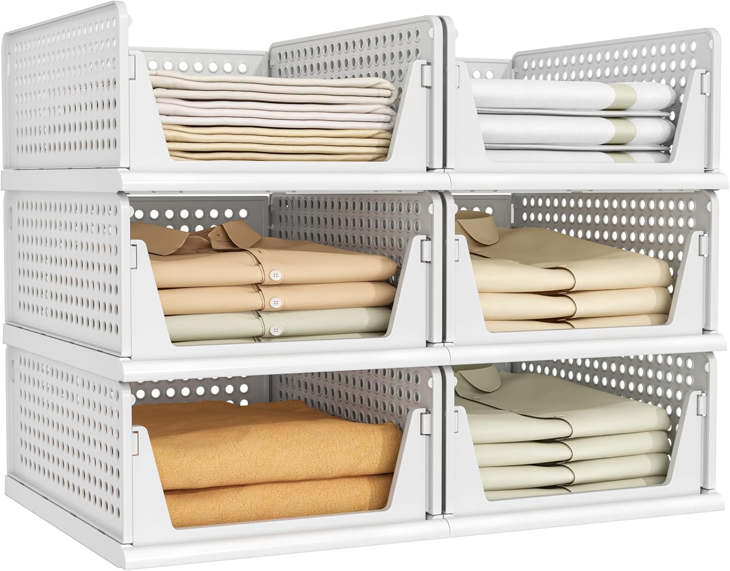 stackable plastic storage baskets, multi‑use closet organisers for bedrooms, bathrooms, RVs and playrooms to keep clothes neatly arranged.
