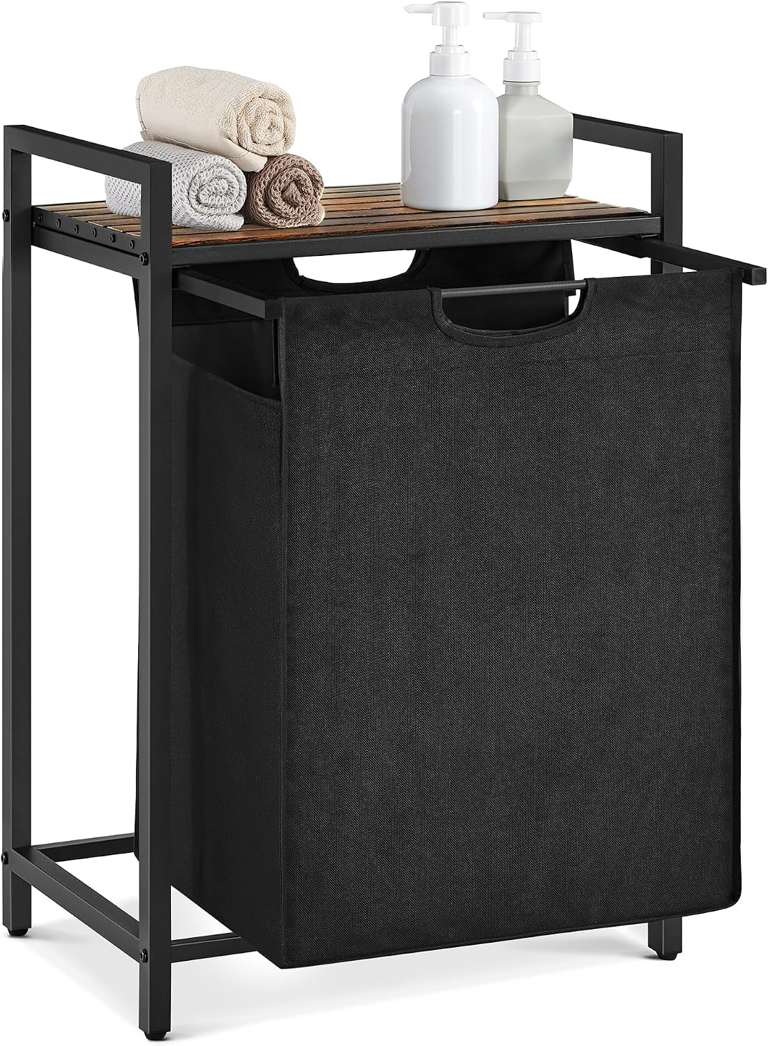 Laundry hamper with ventilated top shelf, removable washable fabric bags, robust steel‑MDF frame holding 44 lbs and adjustable feet for tidy bedroom, bathroom and utility‑room storage.