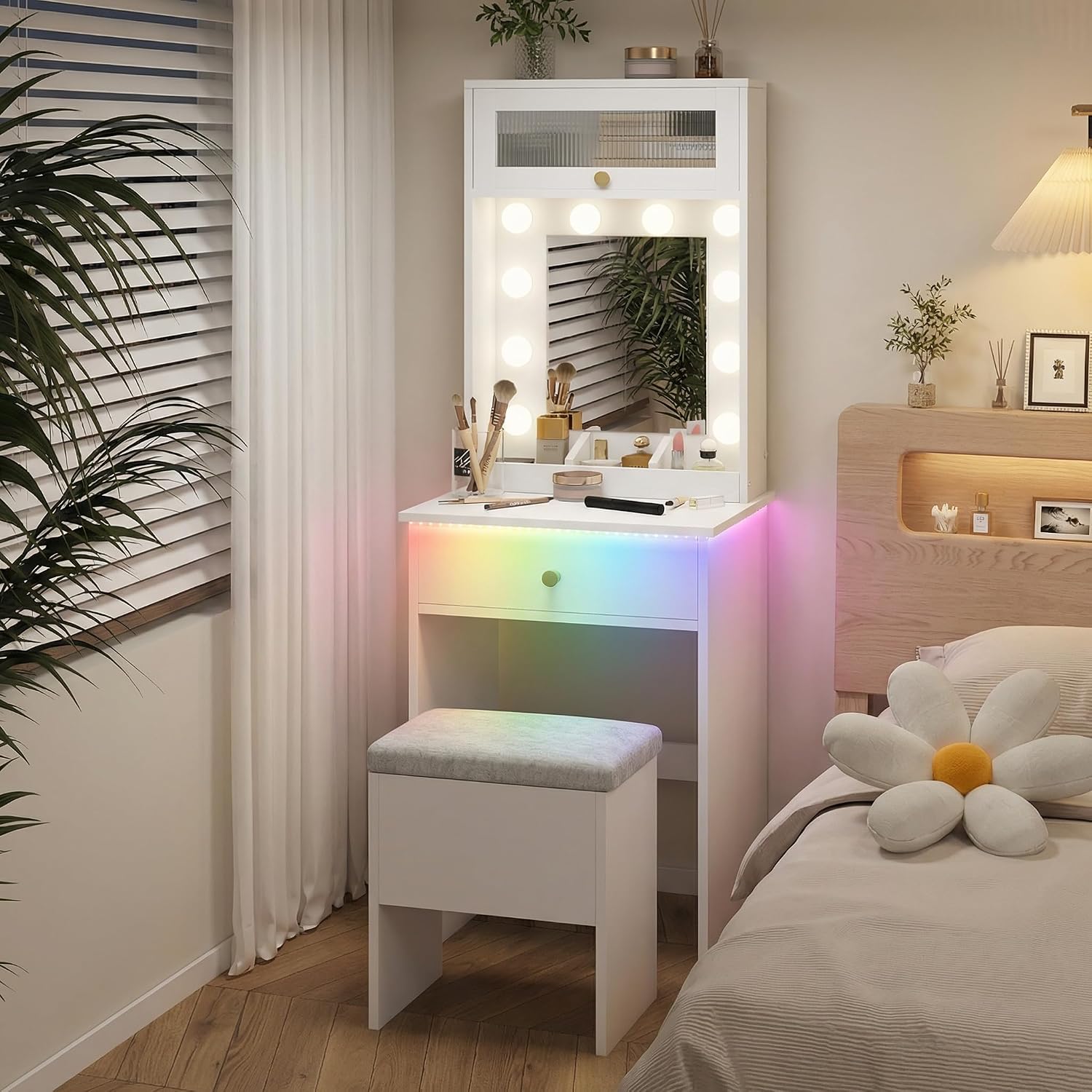 Compact space‑saving dressing‑table set with drop‑leaf top, storage drawers, stowable storage stool and dimmable three‑tone LED mirror for small bedrooms and apartments.