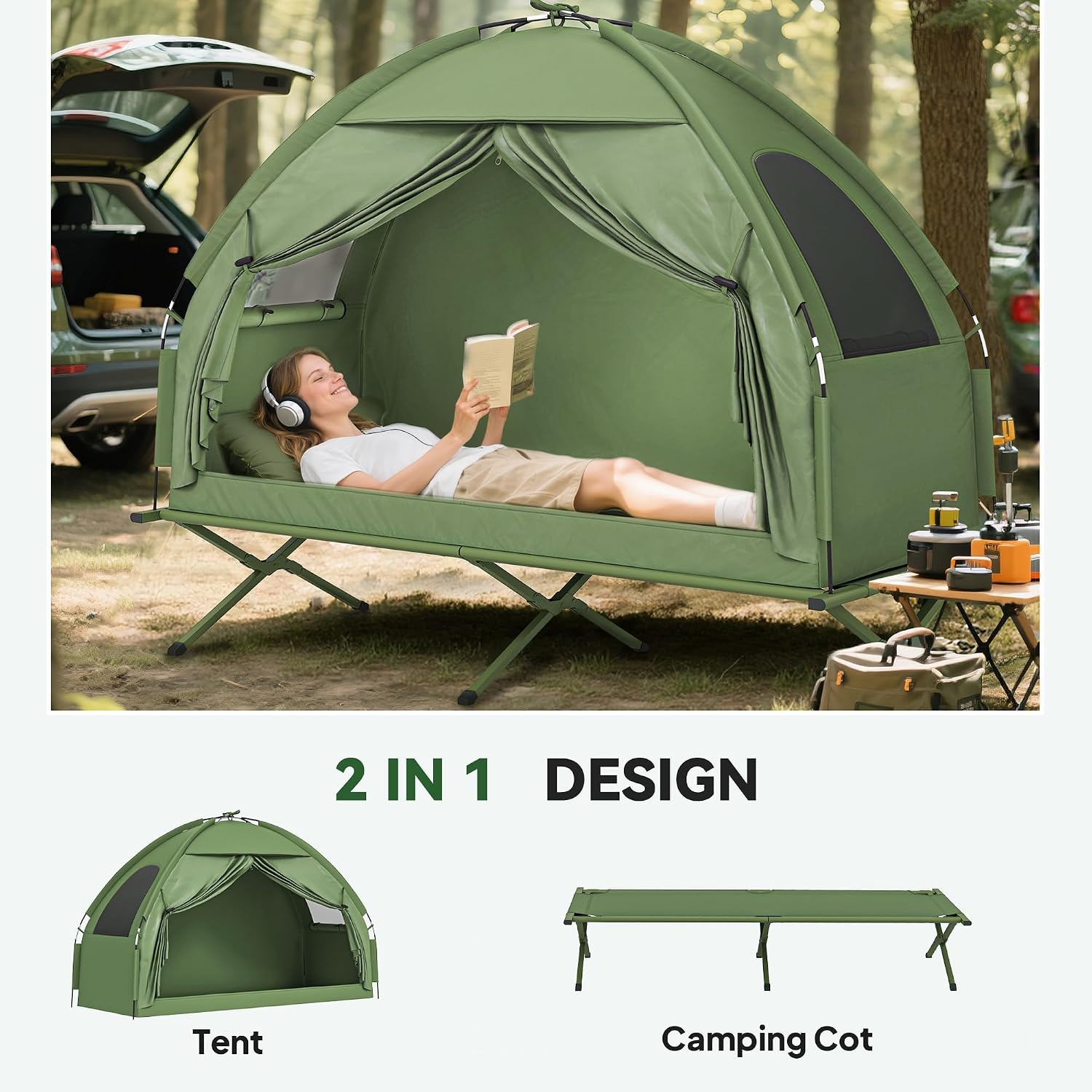 All‑in‑one single‑person camping cot‑tent combo with fast‑fold setup, wind‑resistant fabric and sturdy steel legs supporting 225 lbs, elevating you off rough ground for fair‑weather outdoor sleeping.