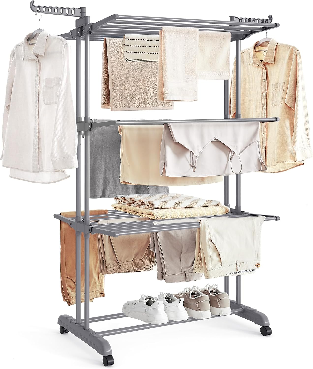 Sturdy 4‑tier foldable clothes airer with lockable castors, large drying space for indoor and outdoor laundry, holds up to 90.4 lb. 