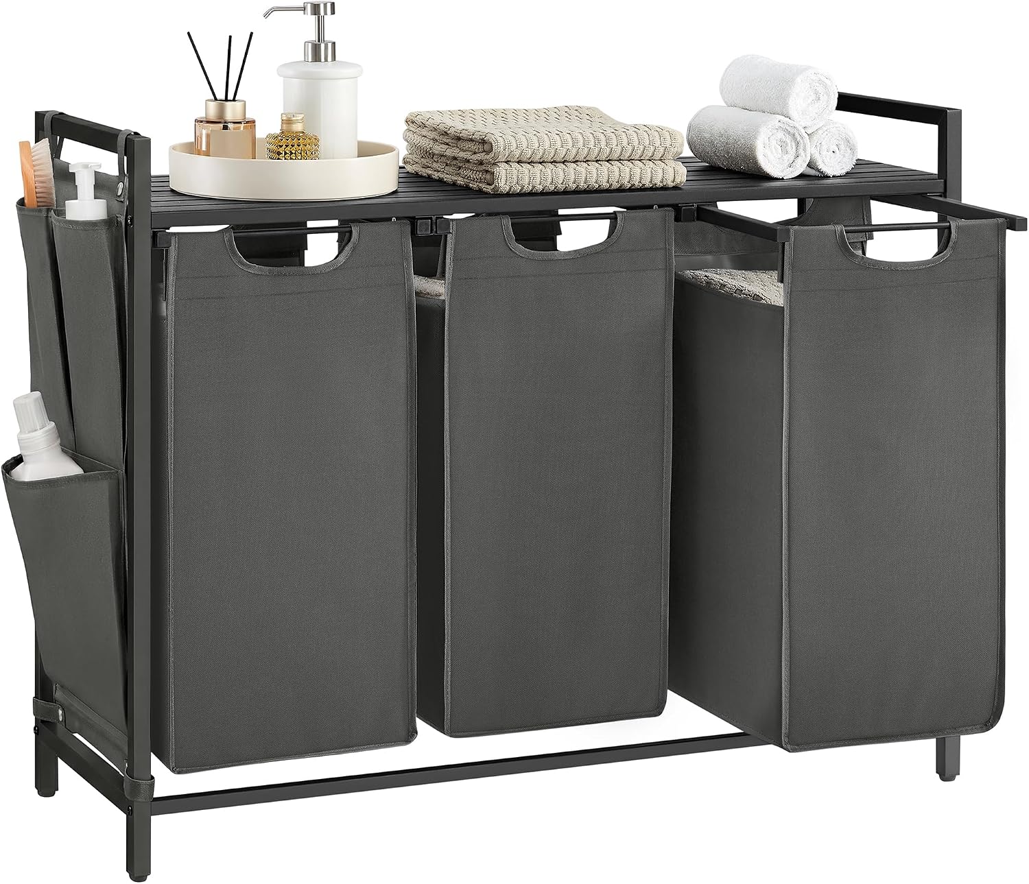 Laundry hamper with ventilated top shelf, removable washable fabric bags, robust steel‑MDF frame holding 44 lbs and adjustable feet for tidy bedroom, bathroom and utility‑room storage.