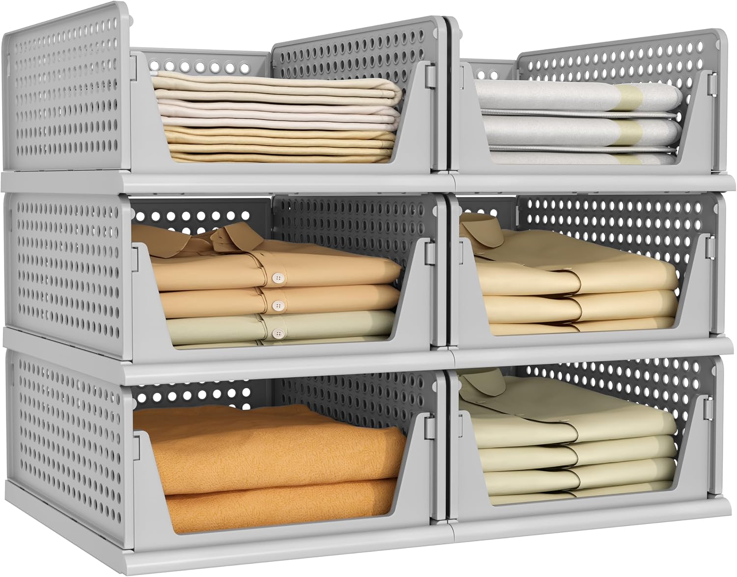 stackable plastic storage baskets, multi‑use closet organisers for bedrooms, bathrooms, RVs and playrooms to keep clothes neatly arranged.