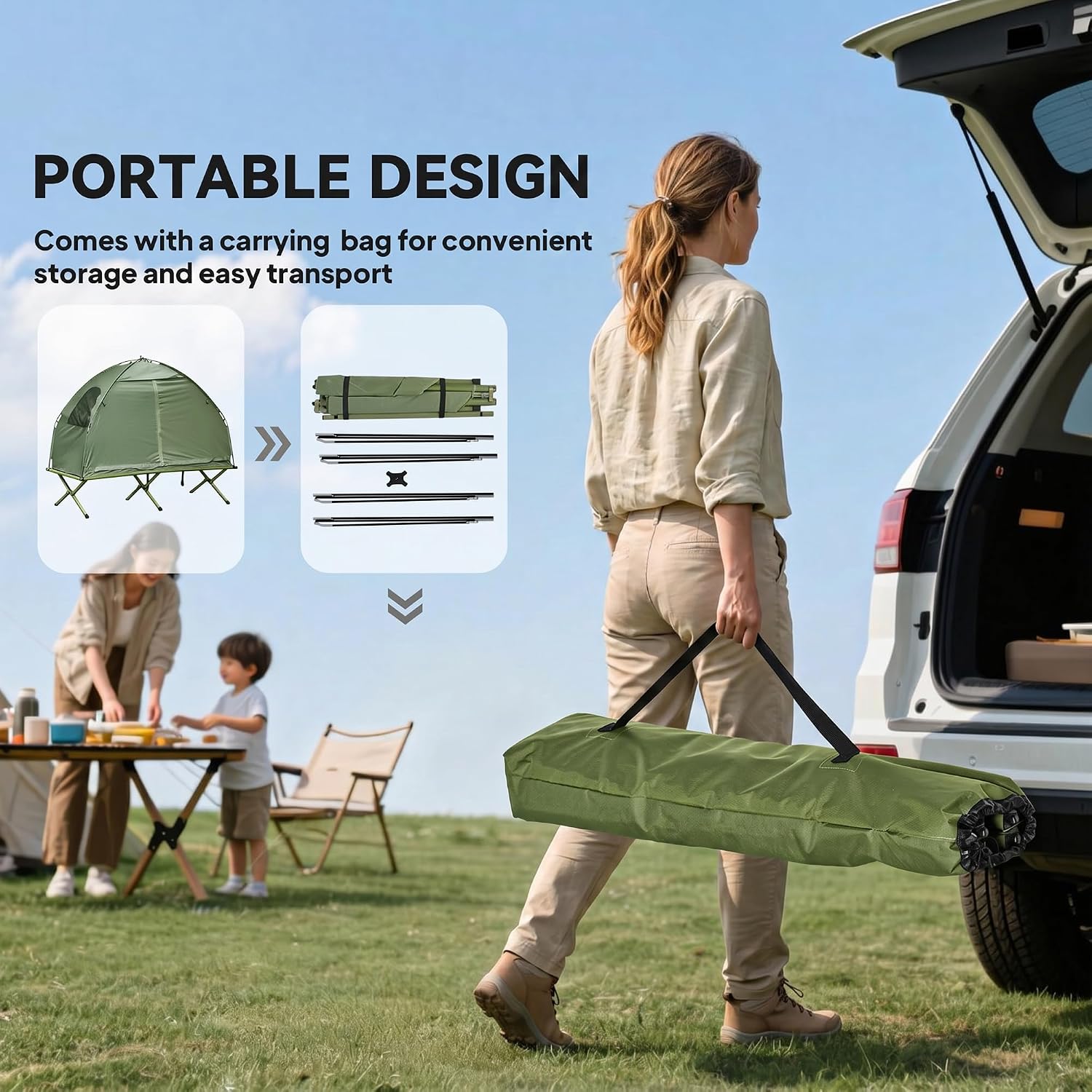 All‑in‑one single‑person camping cot‑tent combo with fast‑fold setup, wind‑resistant fabric and sturdy steel legs supporting 225 lbs, elevating you off rough ground for fair‑weather outdoor sleeping.