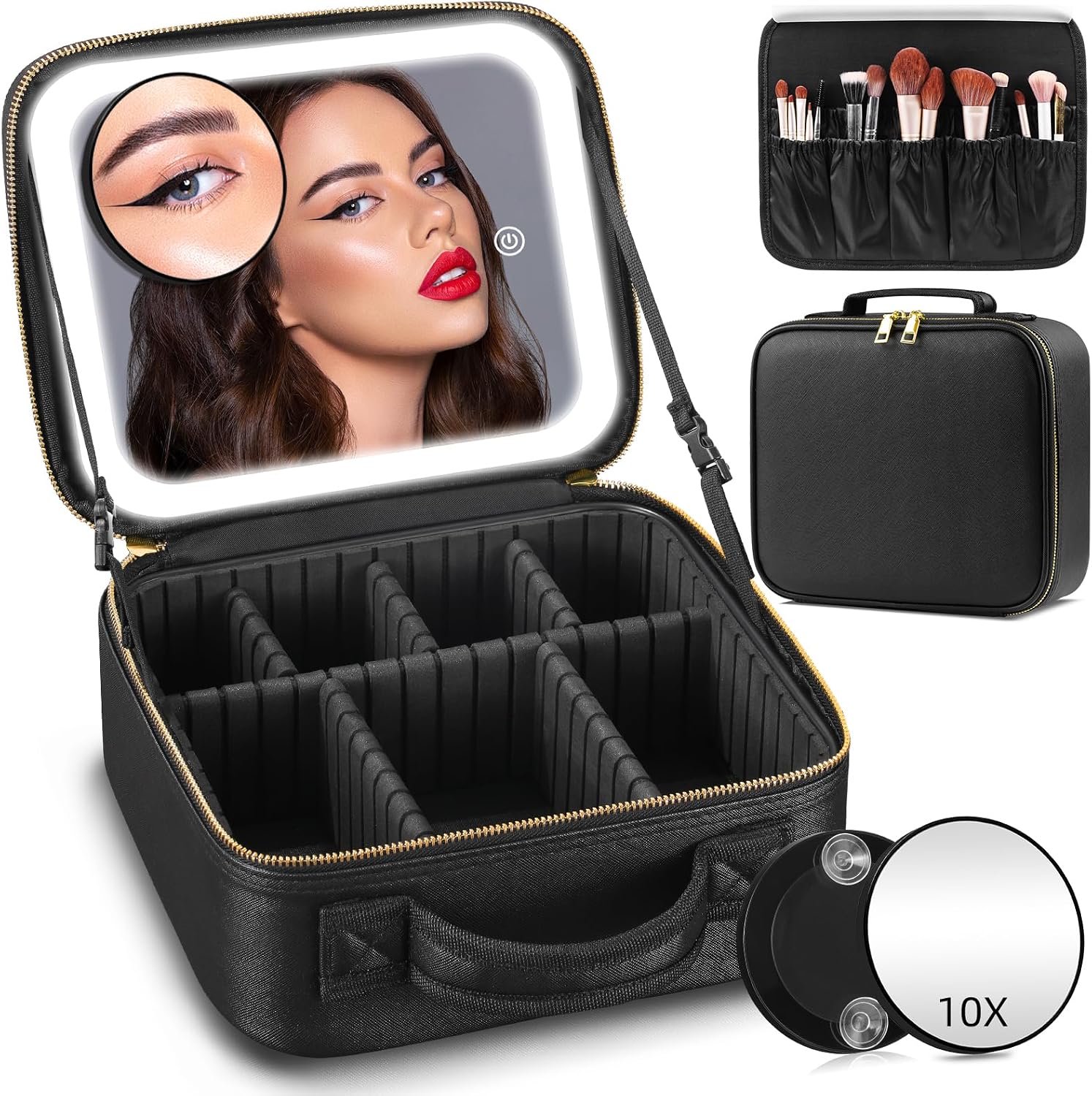 Travel‑friendly lighted makeup bag with detachable magnetic LED mirror, adjustable compartments, waterproof PU, perfect for travel and gifting.