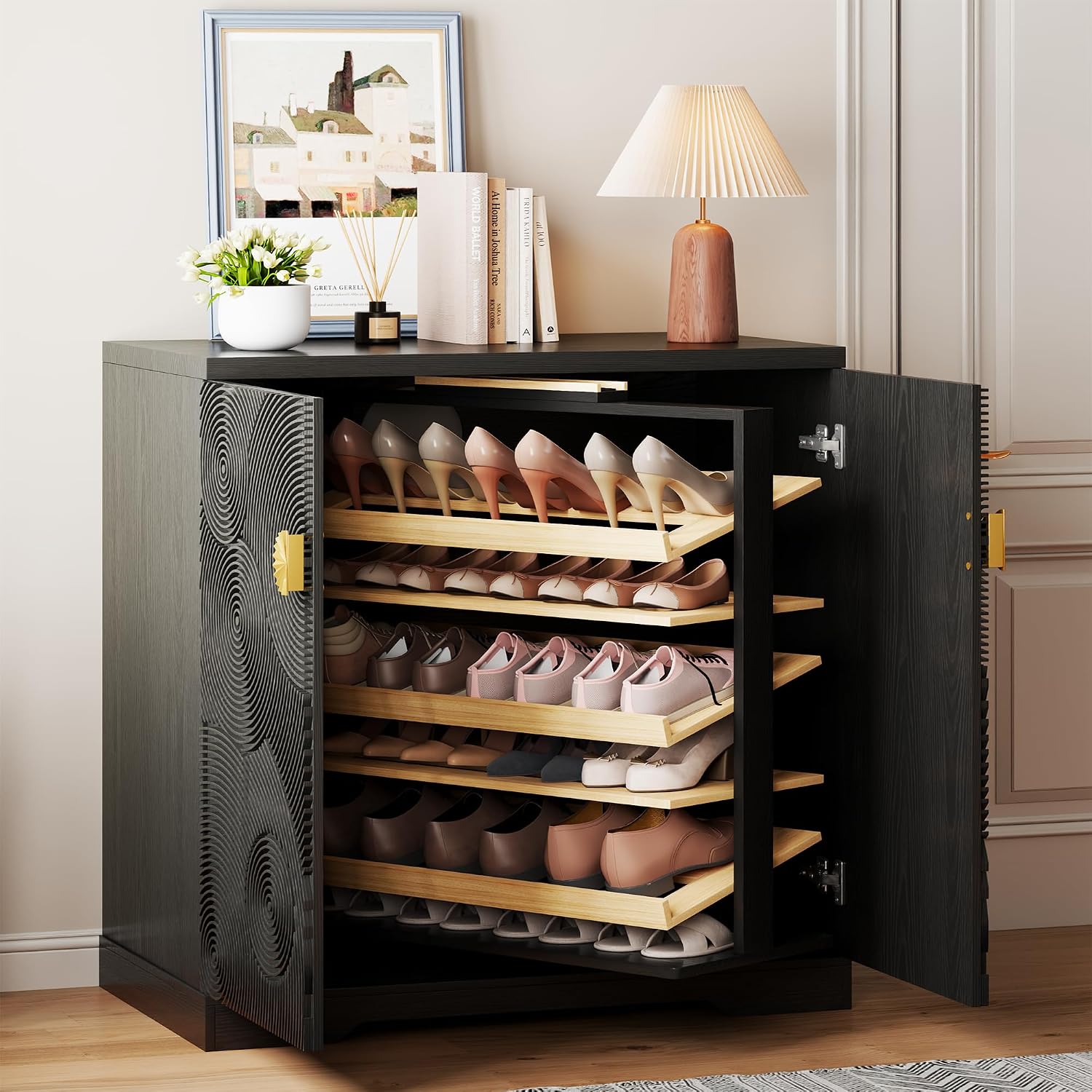 Cnmcld Shoe Storage Cabinet with Doors and 6 Tier Rotating Shelves, Black