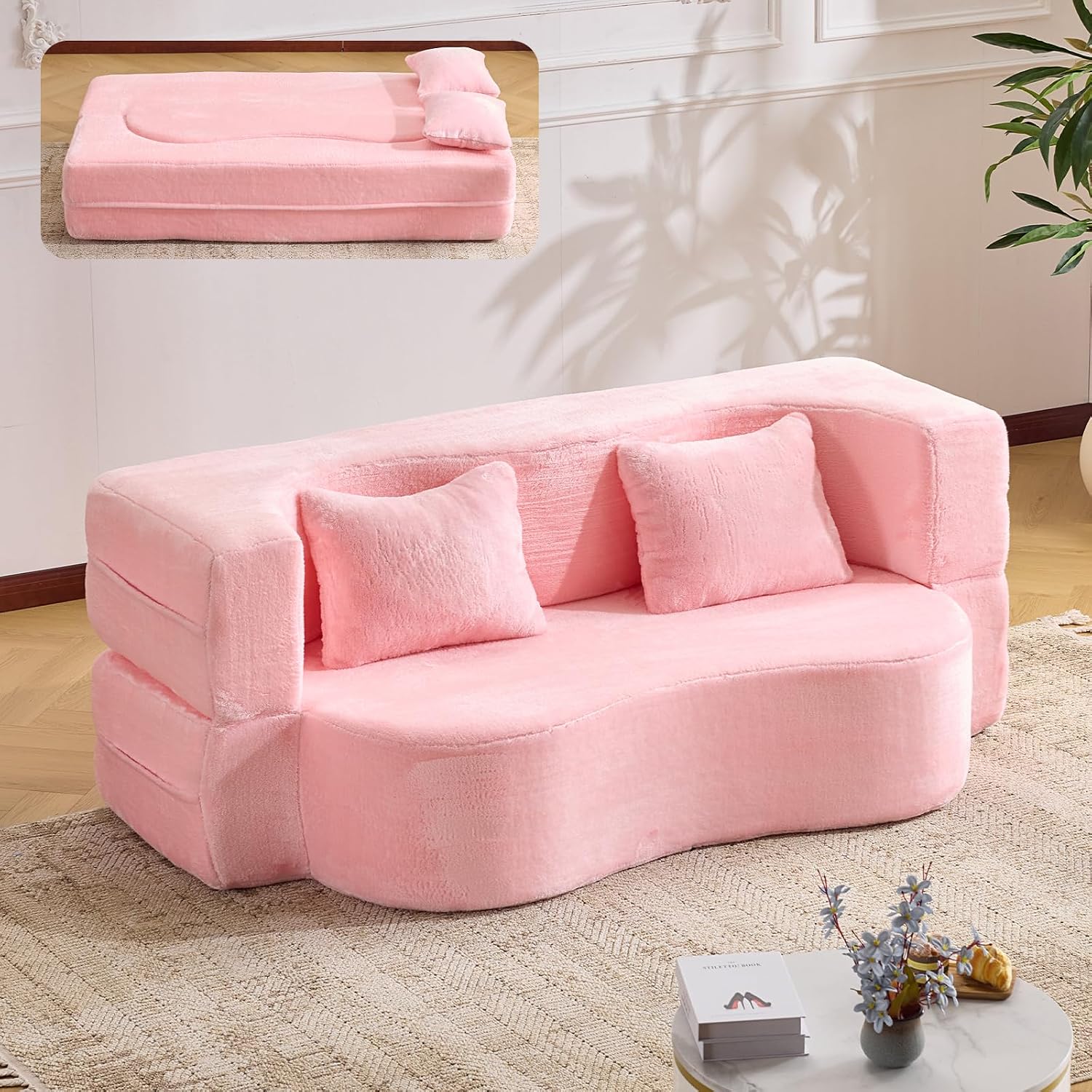 This convertible foam floor sofa‑bed with plush chenille fabric transforms from loveseat to sleeper, supplied with cushions and needing no assembly.