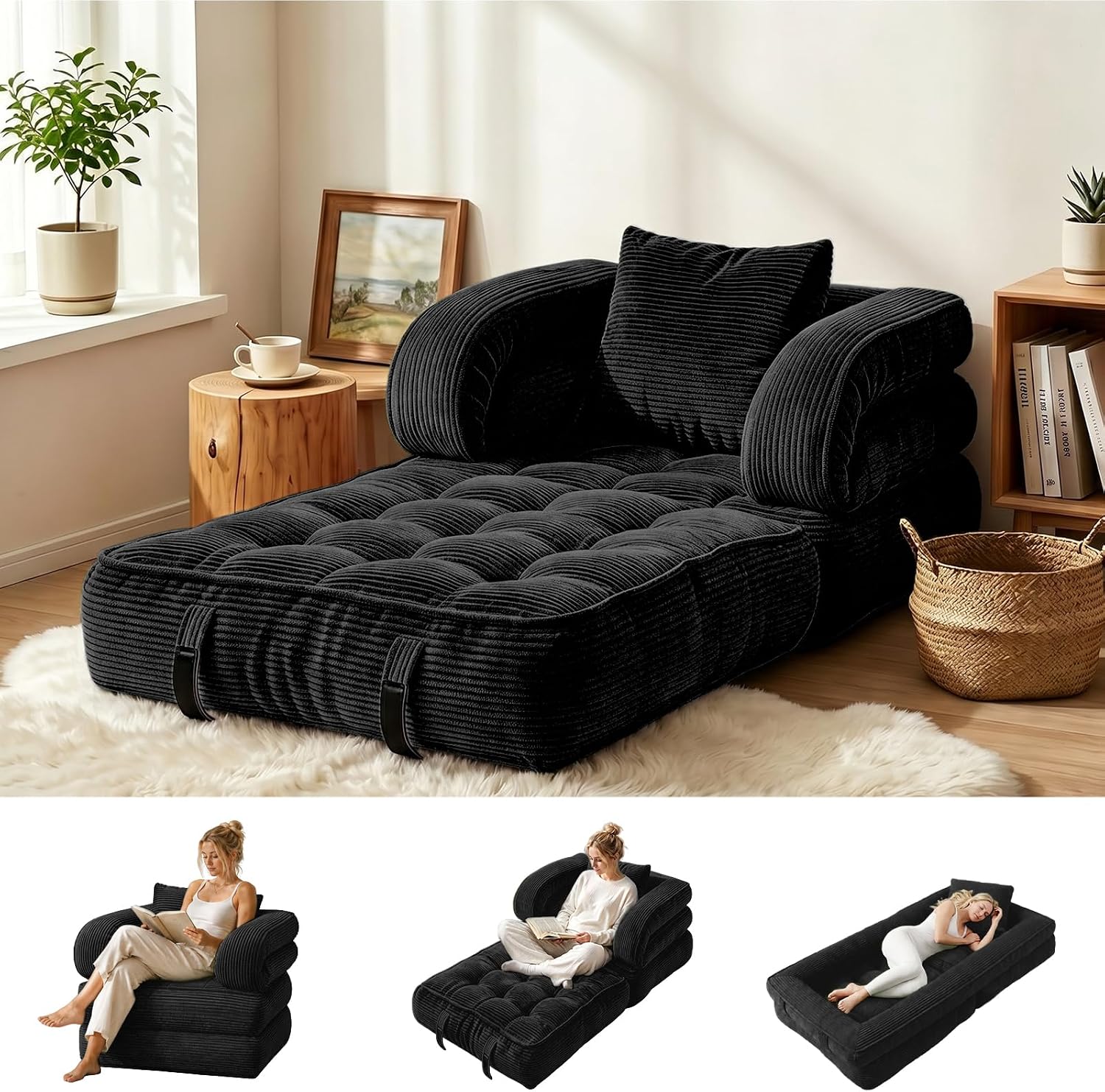 Dark‑green corduroy 3‑in‑1 foldable futon sofa bed, convertible sleeper chair with armrests and pillow for compact living‑room and bedroom use.