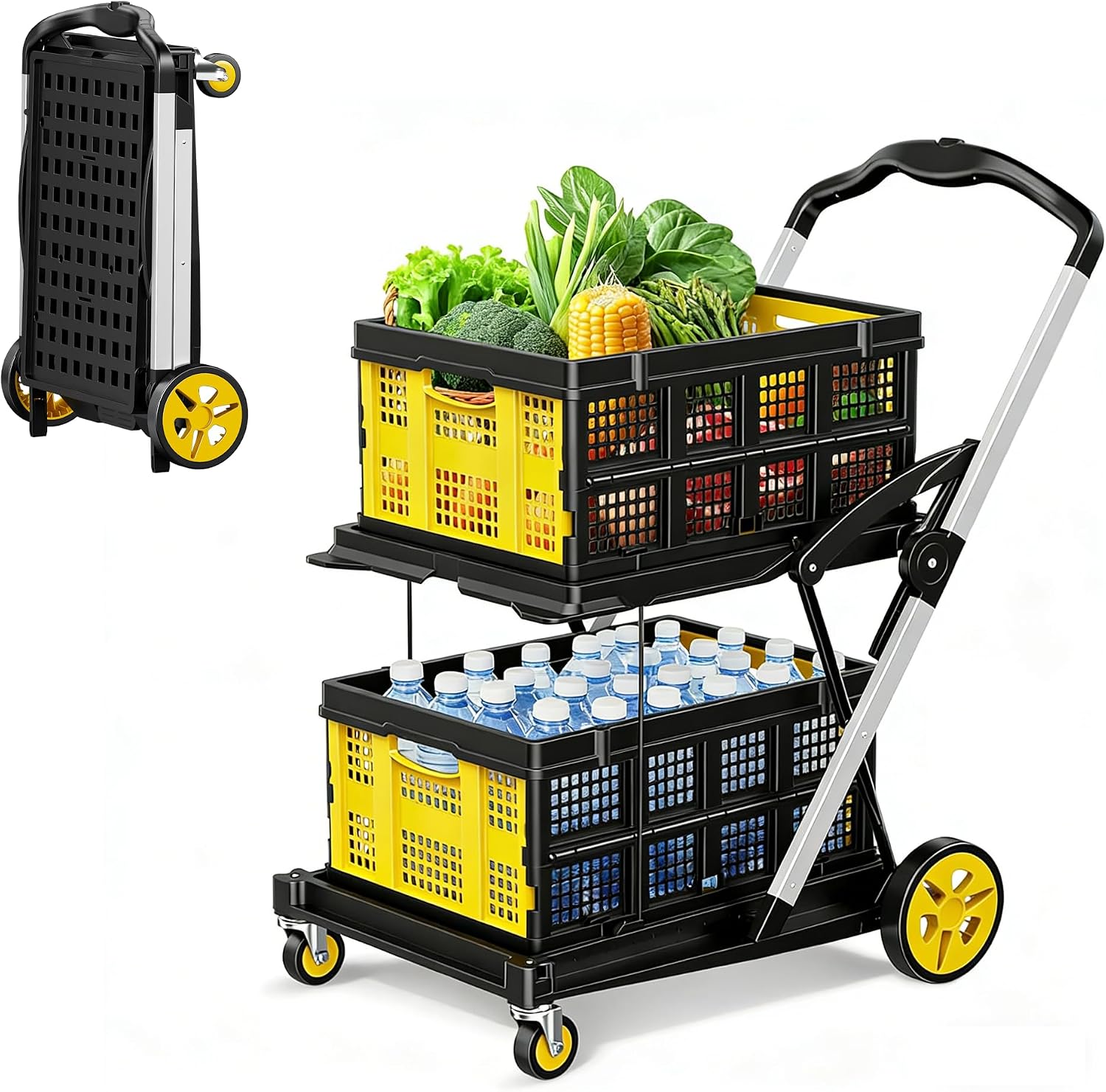 Heavy‑duty foldable shopping cart with over 200 lbs total load, secure rubber straps, collapsible baskets and space‑saving compact design for heavy grocery shopping.