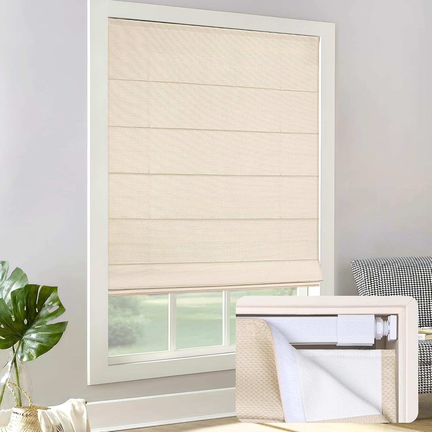 No‑drill cordless window blind for inside‑mount fitting, featuring 60% room‑darkening polyester fabric, child‑safe design and simple 30‑second installation for rental homes.