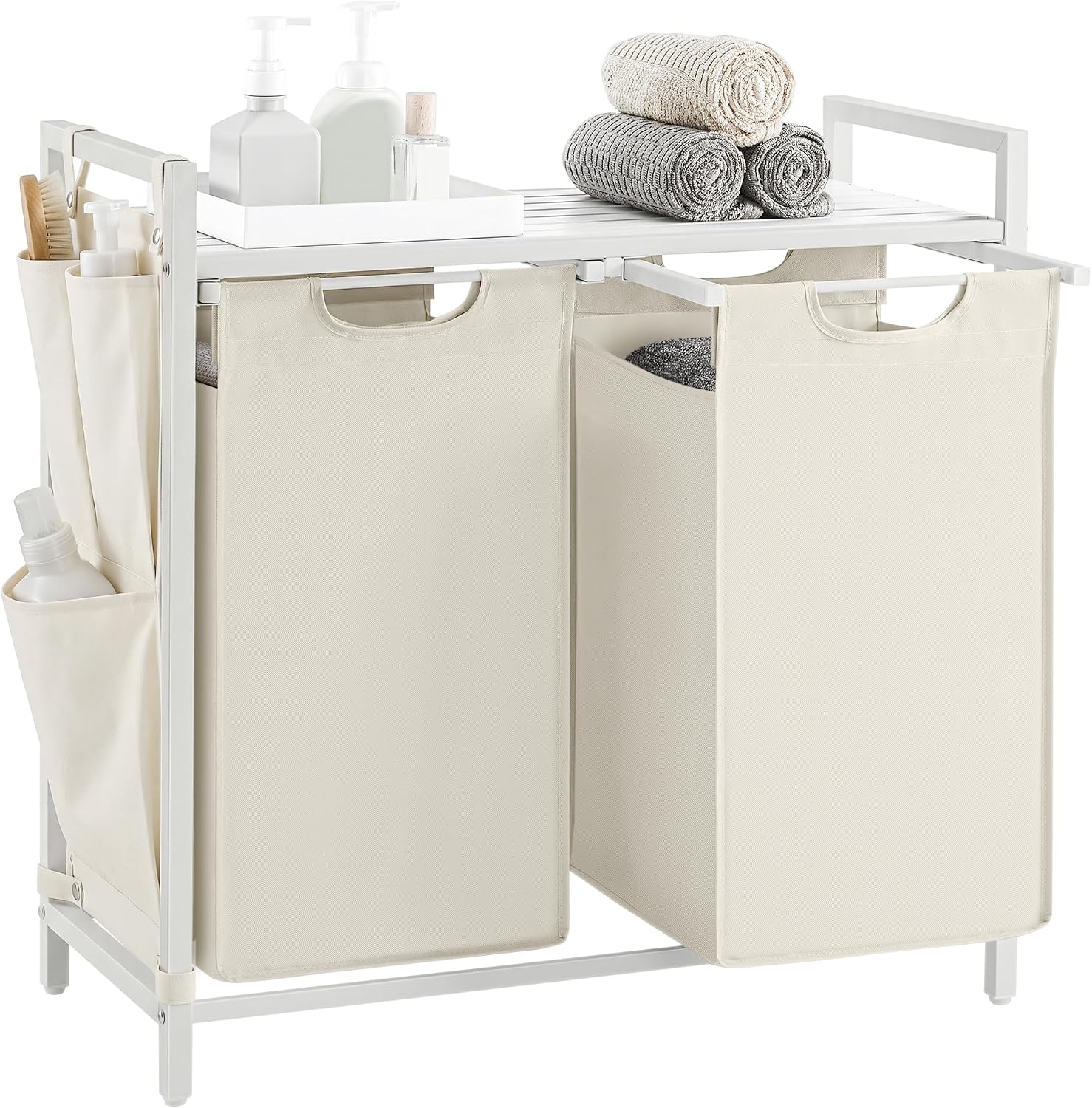 Laundry hamper with ventilated top shelf, removable washable fabric bags, robust steel‑MDF frame holding 44 lbs and adjustable feet for tidy bedroom, bathroom and utility‑room storage.