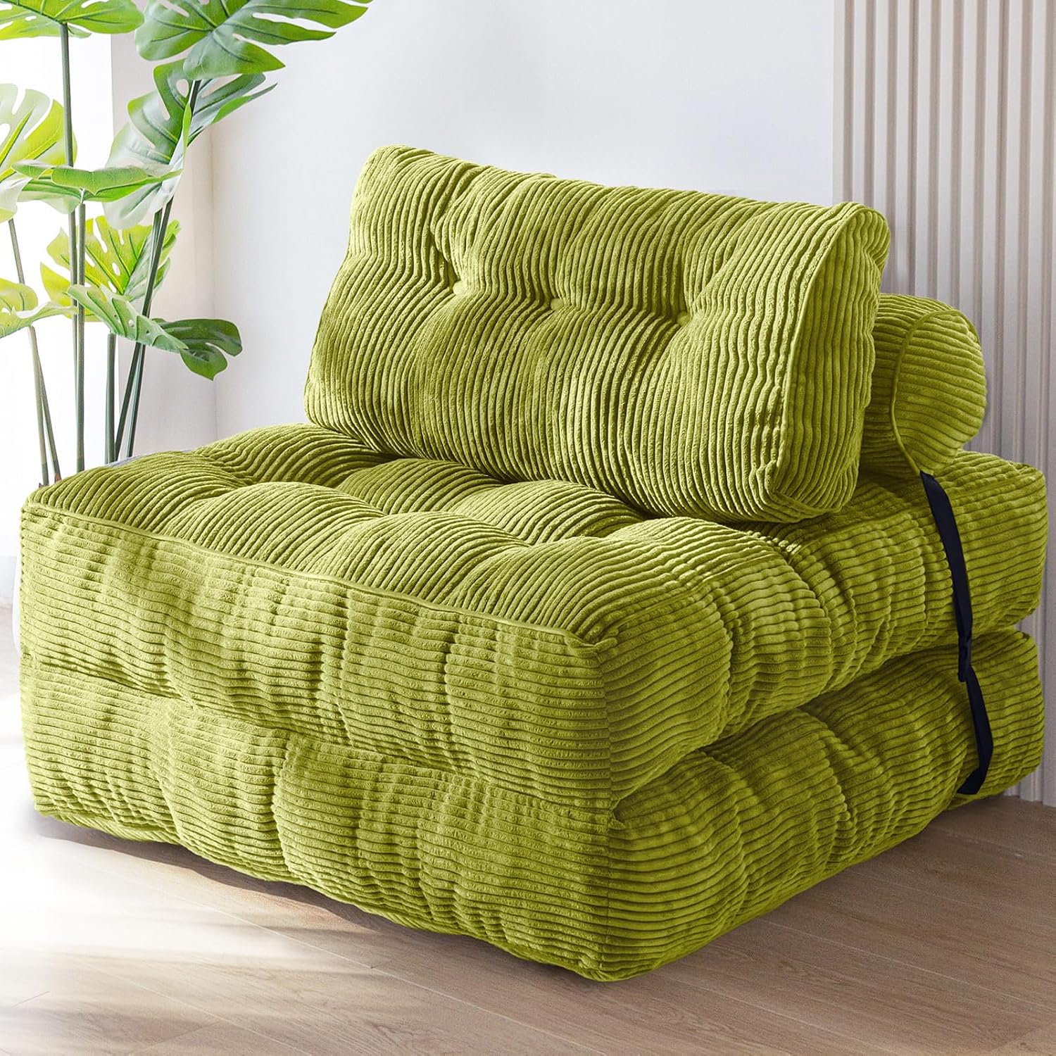 Practical folding sofa‑bed with headrest and lumbar support, comfy foam filling, compact multi‑use furniture for small living spaces and overnight guests.
