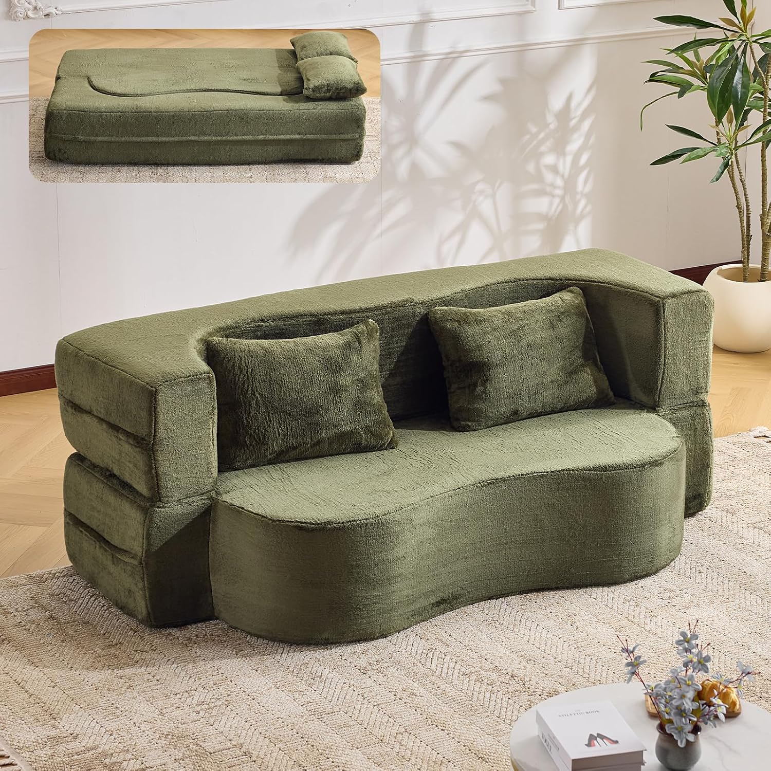 This convertible foam floor sofa‑bed with plush chenille fabric transforms from loveseat to sleeper, supplied with cushions and needing no assembly.