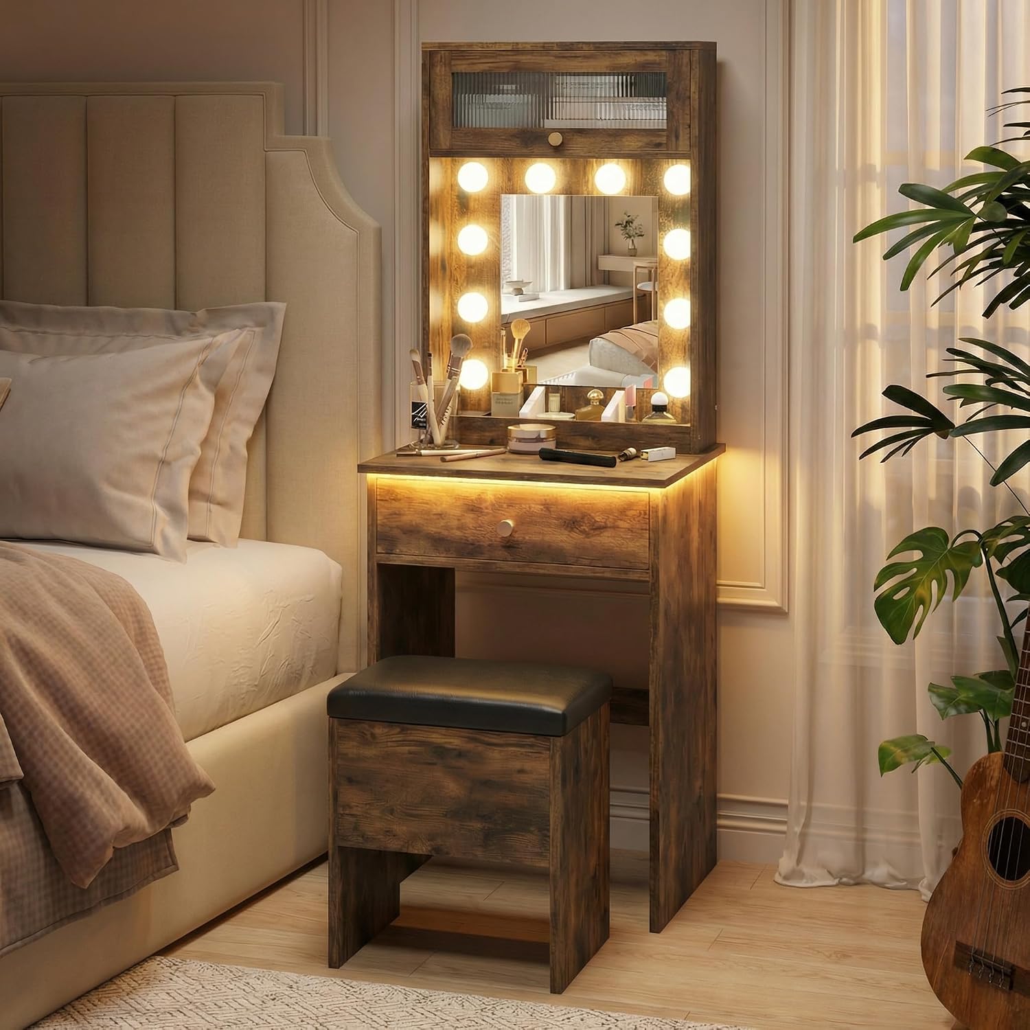 Compact space‑saving dressing‑table set with drop‑leaf top, storage drawers, stowable storage stool and dimmable three‑tone LED mirror for small bedrooms and apartments.