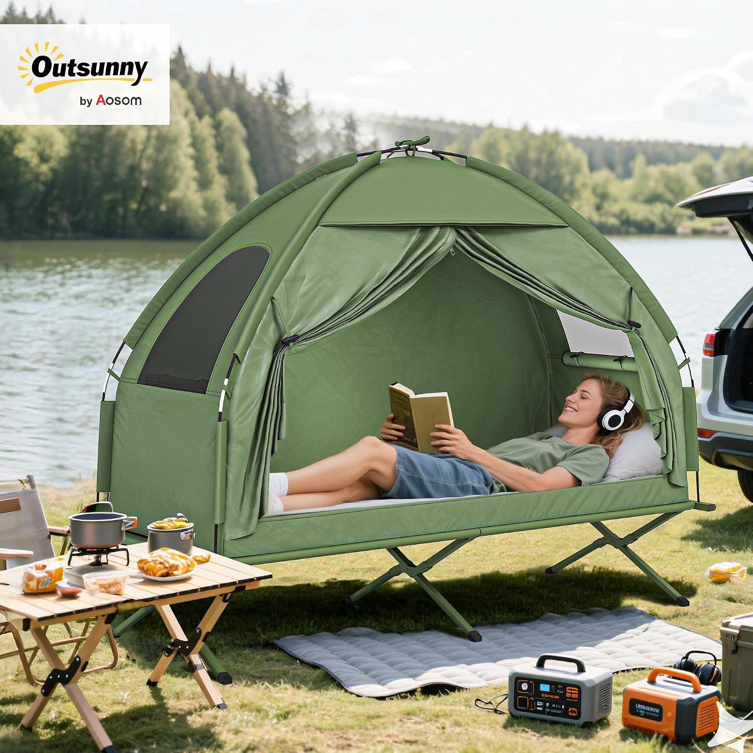 All‑in‑one single‑person camping cot‑tent combo with fast‑fold setup, wind‑resistant fabric and sturdy steel legs supporting 225 lbs, elevating you off rough ground for fair‑weather outdoor sleeping.