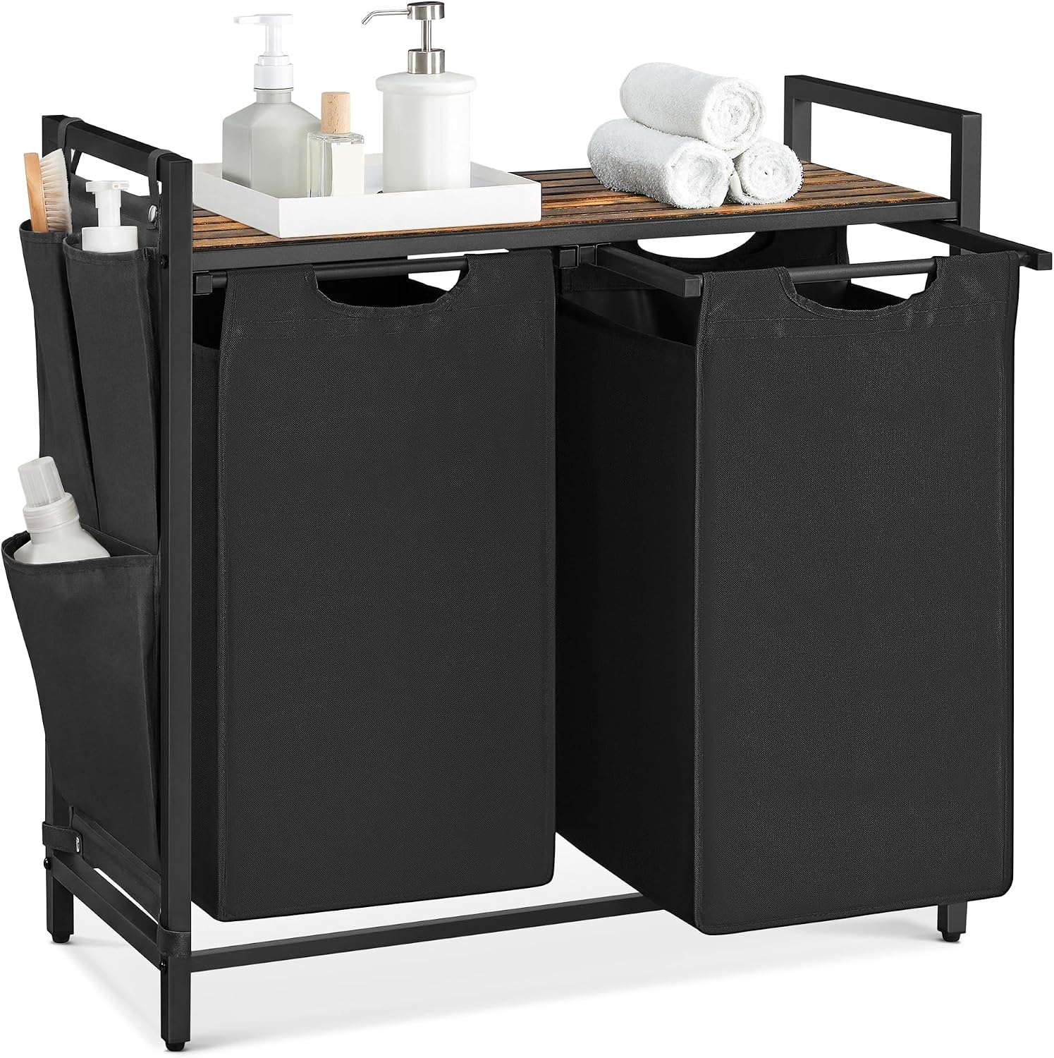 Laundry hamper with ventilated top shelf, removable washable fabric bags, robust steel‑MDF frame holding 44 lbs and adjustable feet for tidy bedroom, bathroom and utility‑room storage.