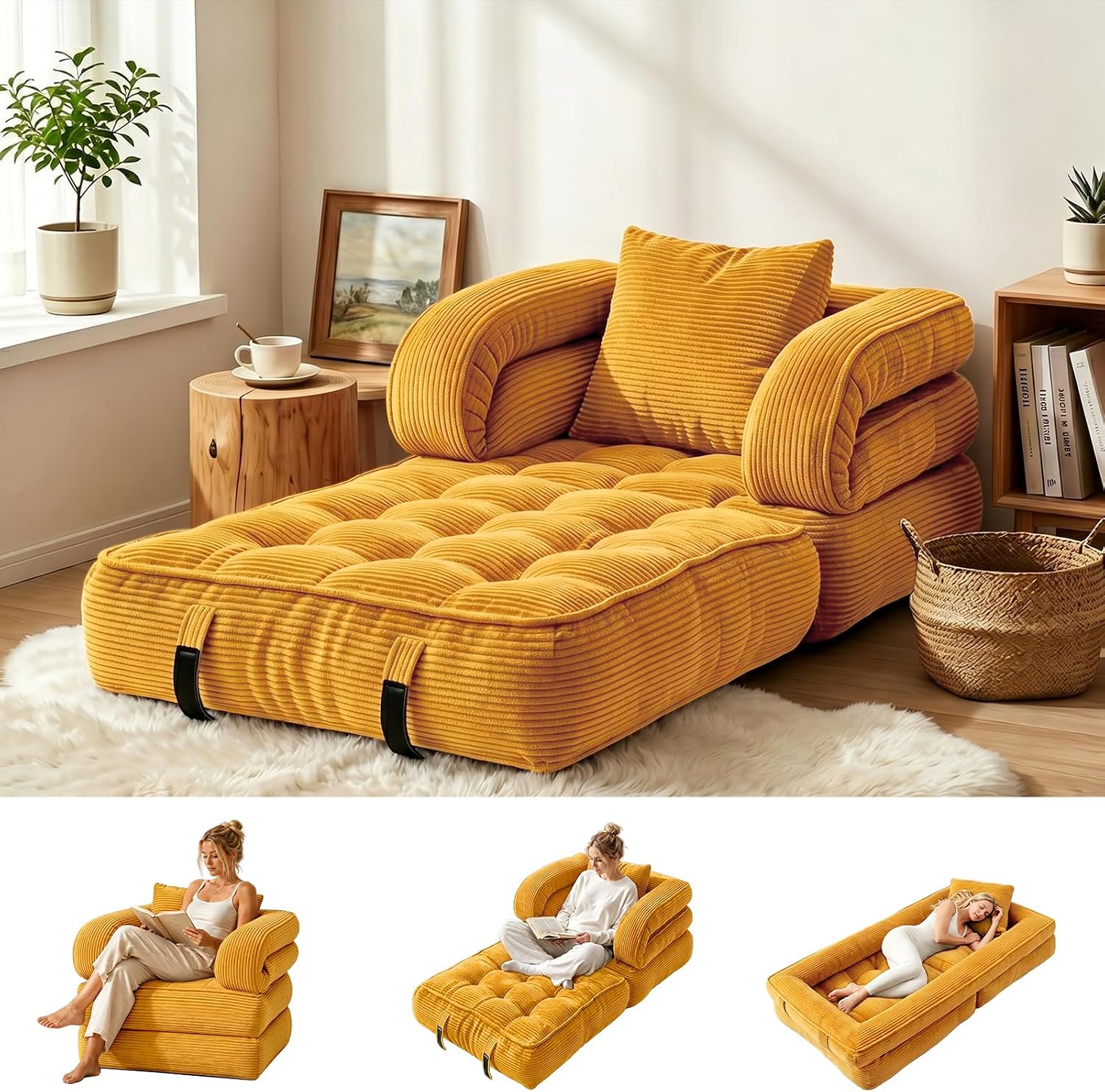 Dark‑green corduroy 3‑in‑1 foldable futon sofa bed, convertible sleeper chair with armrests and pillow for compact living‑room and bedroom use.