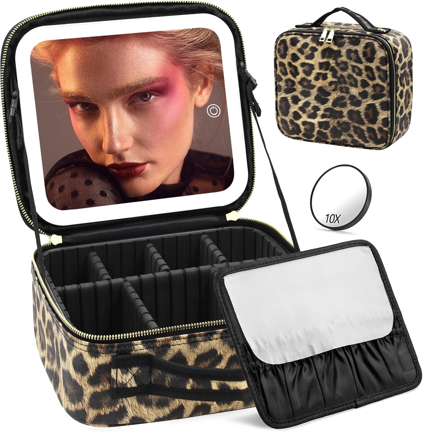 Travel‑friendly lighted makeup bag with detachable magnetic LED mirror, adjustable compartments, waterproof PU, perfect for travel and gifting.