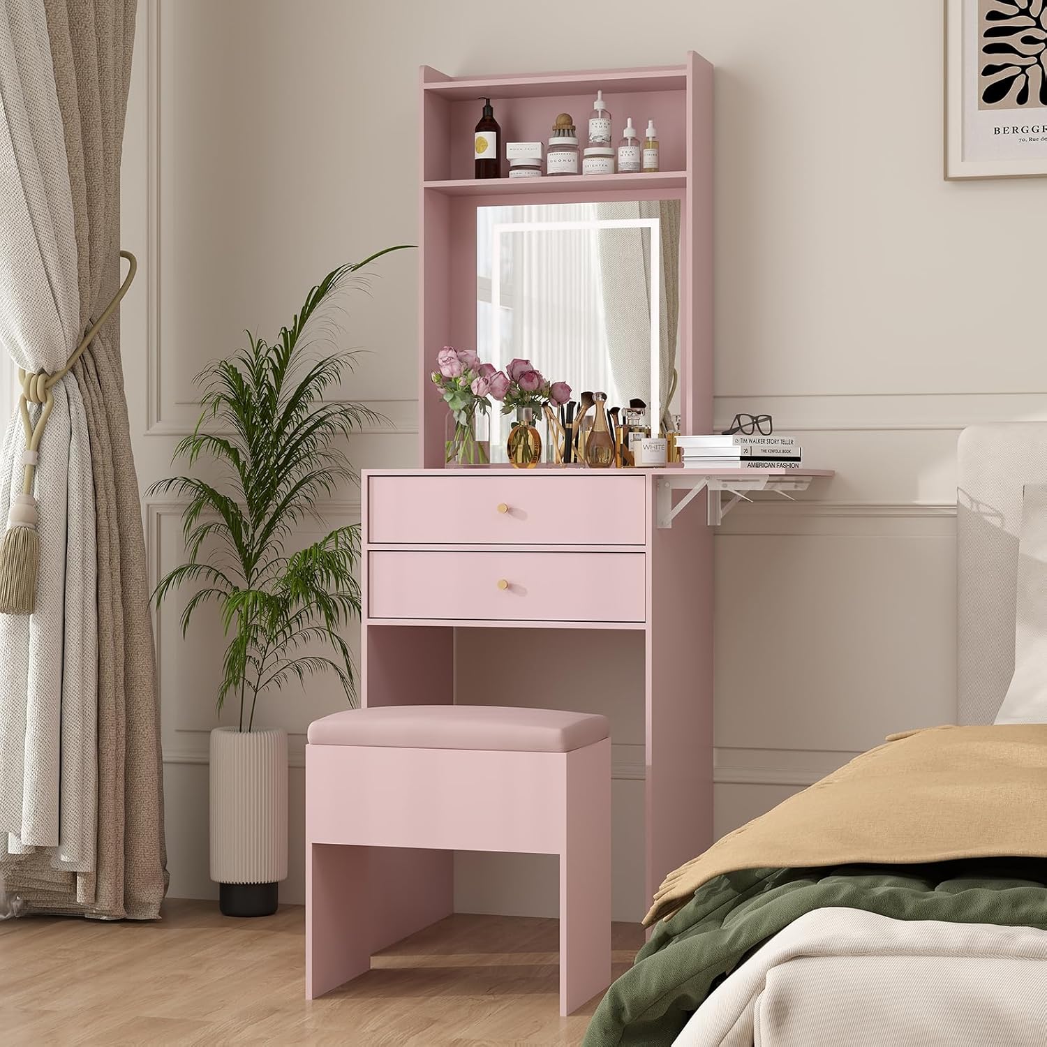 Compact space‑saving dressing‑table set with drop‑leaf top, storage drawers, stowable storage stool and dimmable three‑tone LED mirror for small bedrooms and apartments.