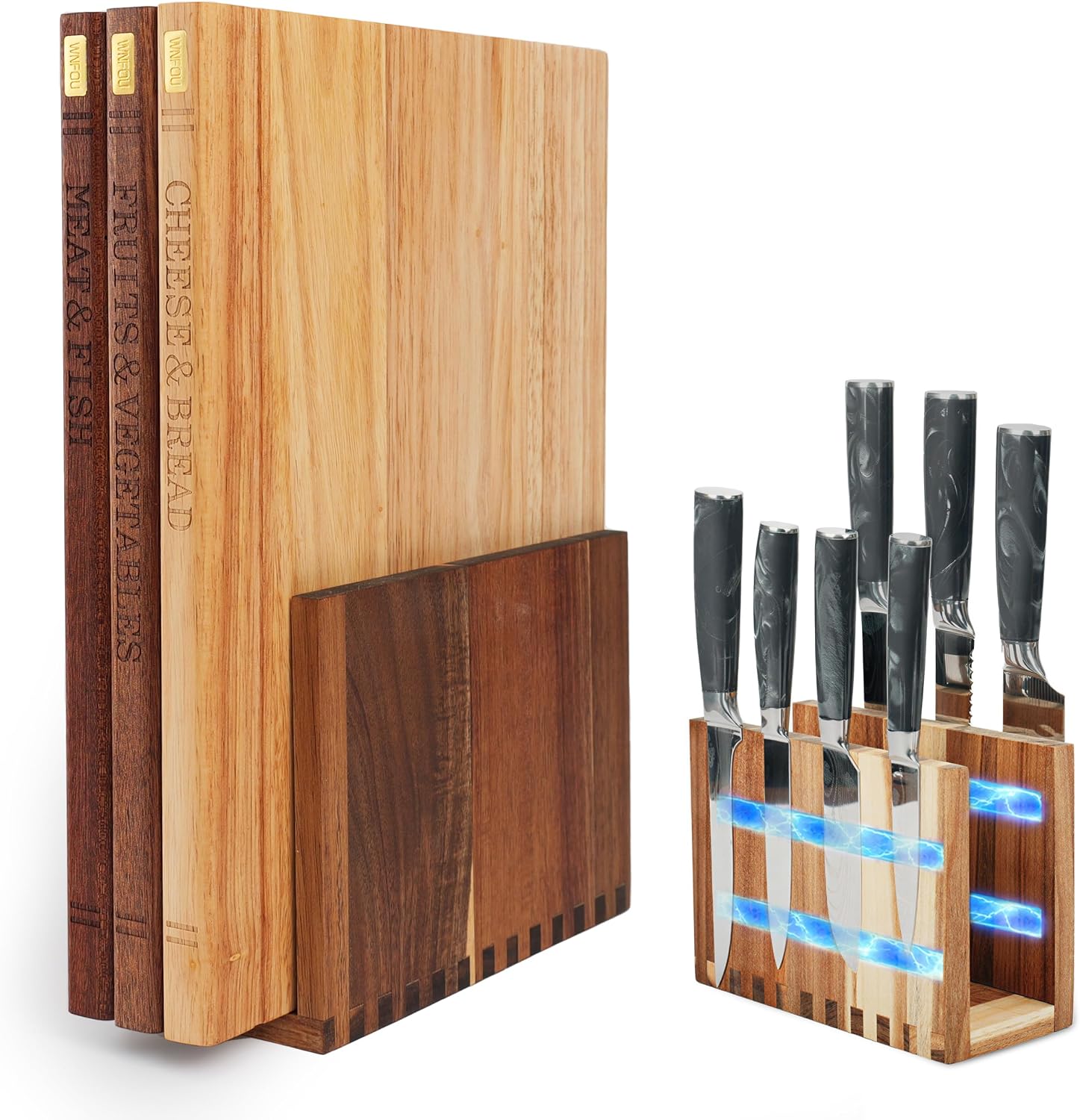 Stylish book-shaped wooden cutting board set with labelled food categories, premium hardwood build and space-saving stand for tidy, hygienic kitchen food preparation.