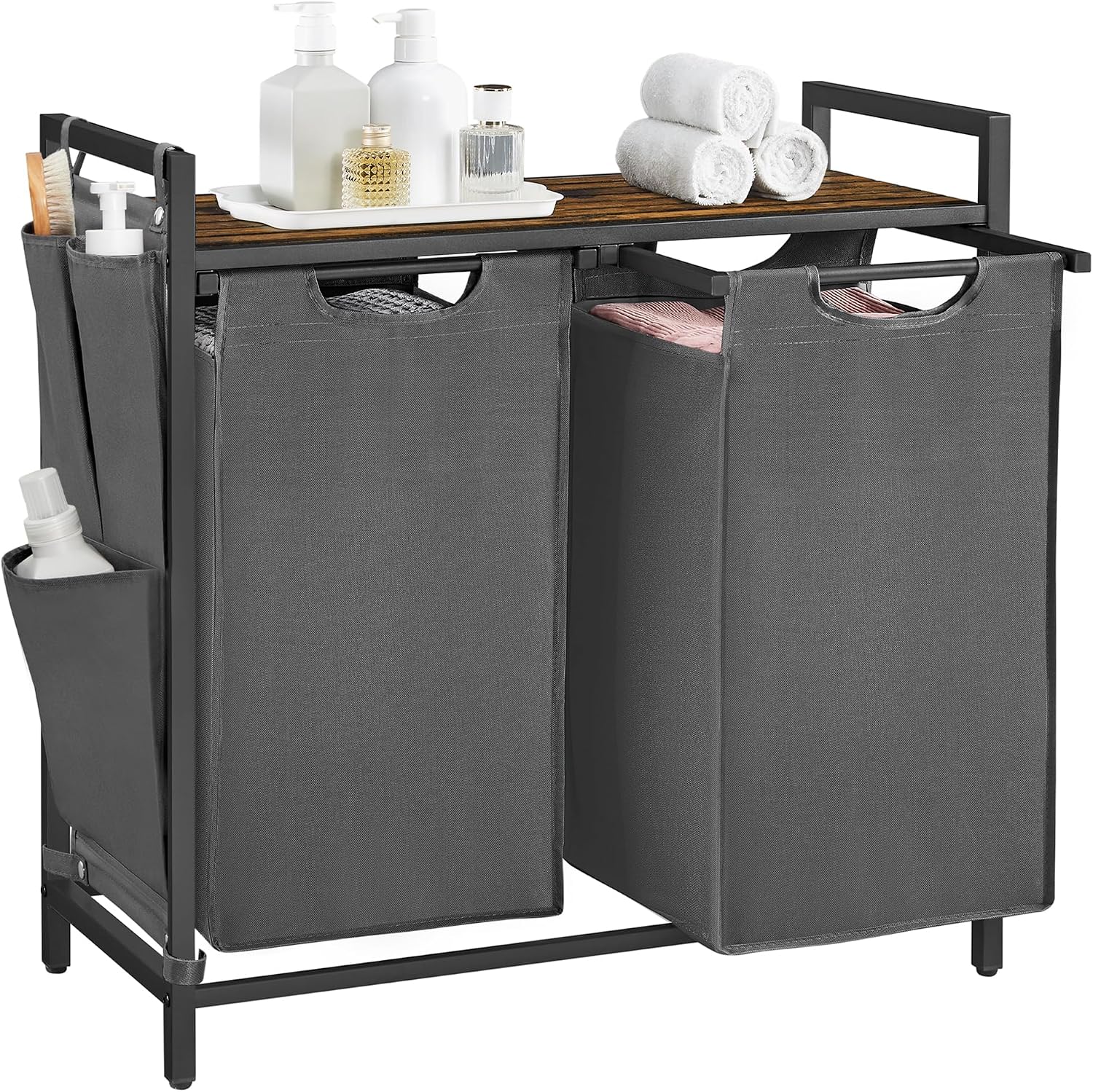 Laundry hamper with ventilated top shelf, removable washable fabric bags, robust steel‑MDF frame holding 44 lbs and adjustable feet for tidy bedroom, bathroom and utility‑room storage.