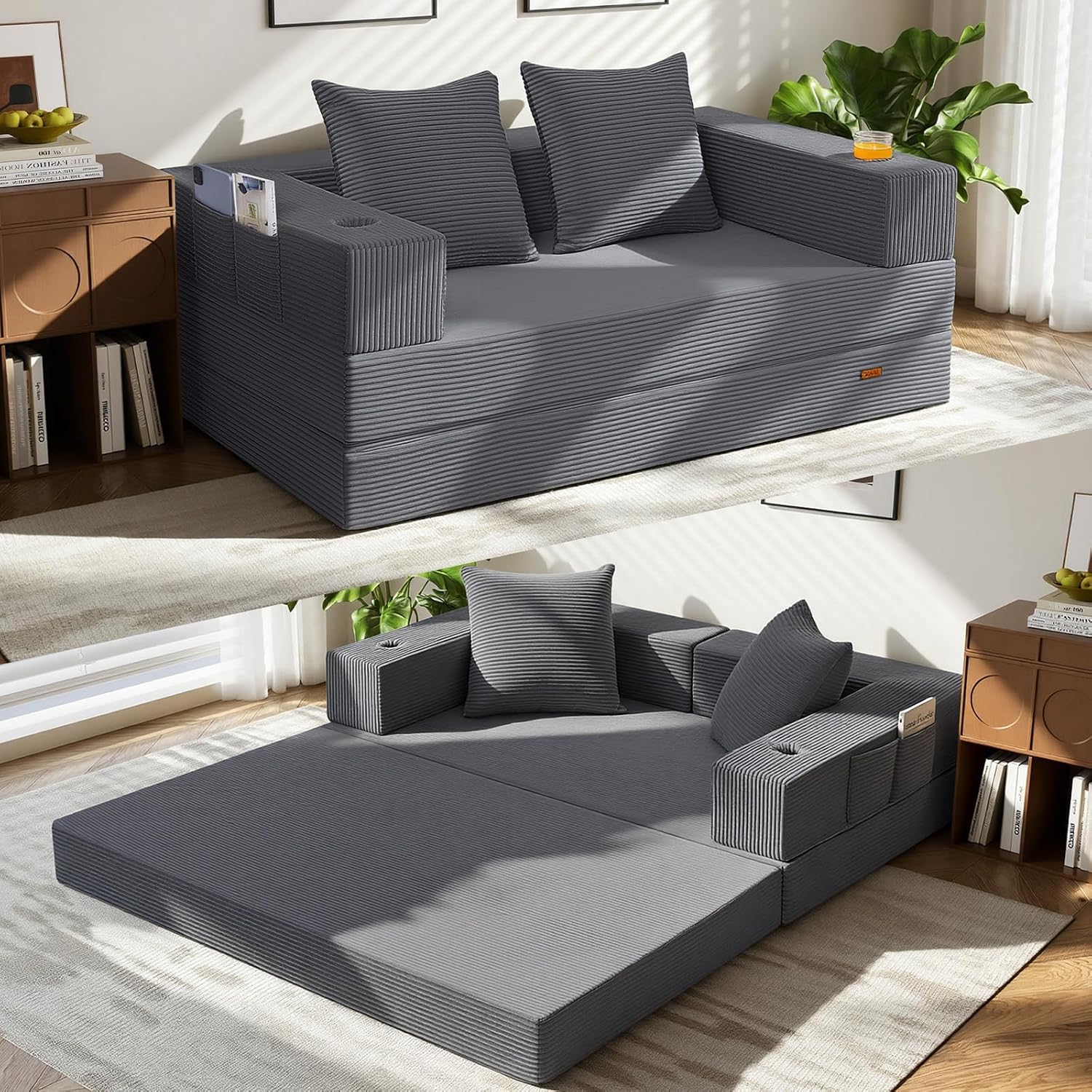 Cnmcld Boneless Futon Sofa Bed, 59" Small Low-Profile Floor Couch, Black