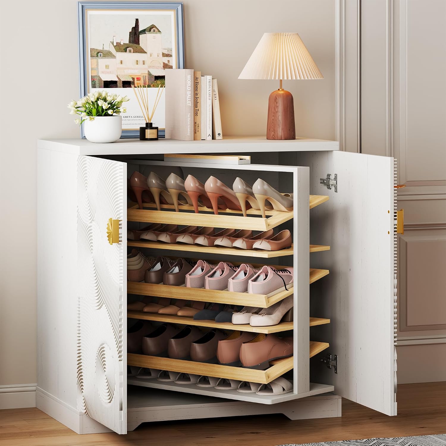 Cnmcld Shoe Storage Cabinet with Doors and 6 Tier Rotating Shelves, Black