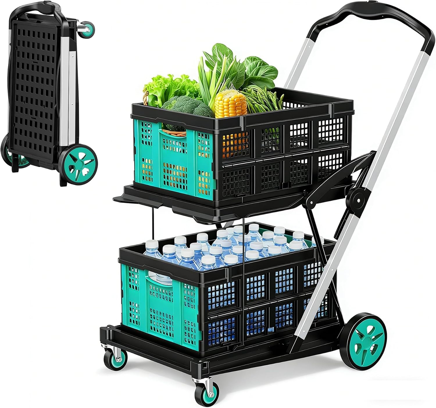 Heavy‑duty foldable shopping cart with over 200 lbs total load, secure rubber straps, collapsible baskets and space‑saving compact design for heavy grocery shopping.