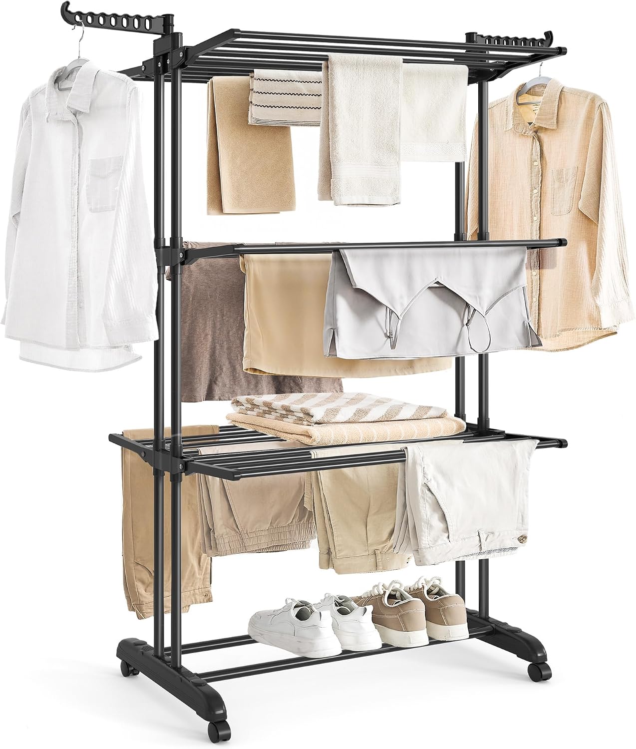 Sturdy 4‑tier foldable clothes airer with lockable castors, large drying space for indoor and outdoor laundry, holds up to 90.4 lb. 