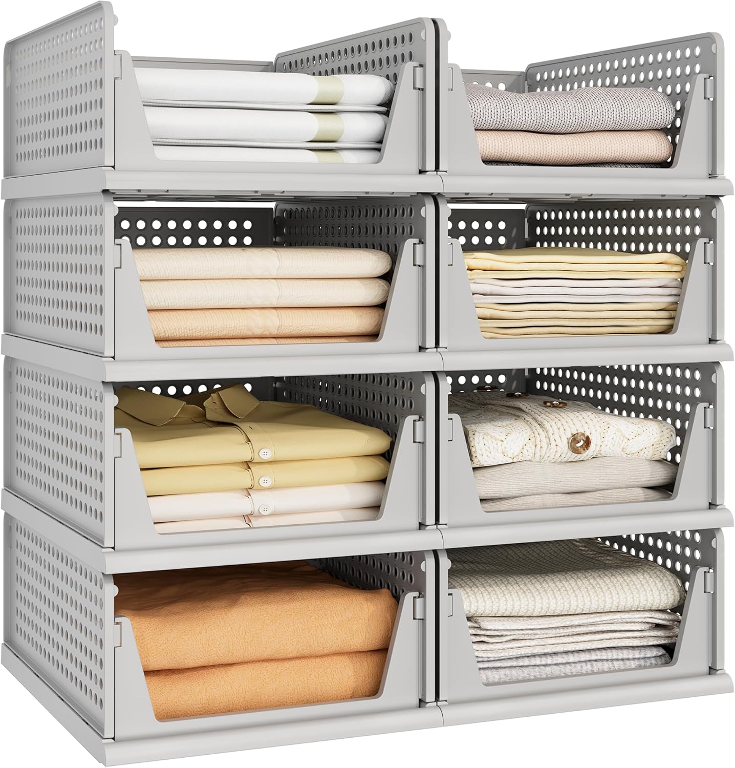 stackable plastic storage baskets, multi‑use closet organisers for bedrooms, bathrooms, RVs and playrooms to keep clothes neatly arranged.