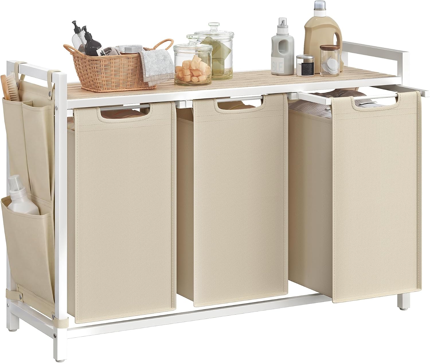Laundry hamper with ventilated top shelf, removable washable fabric bags, robust steel‑MDF frame holding 44 lbs and adjustable feet for tidy bedroom, bathroom and utility‑room storage.