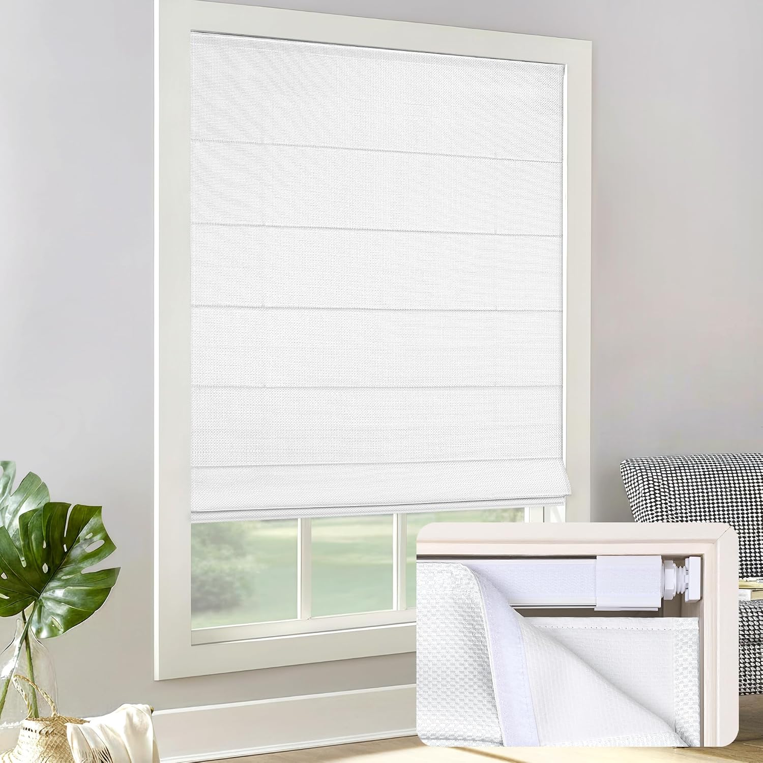 No‑drill cordless window blind for inside‑mount fitting, featuring 60% room‑darkening polyester fabric, child‑safe design and simple 30‑second installation for rental homes.