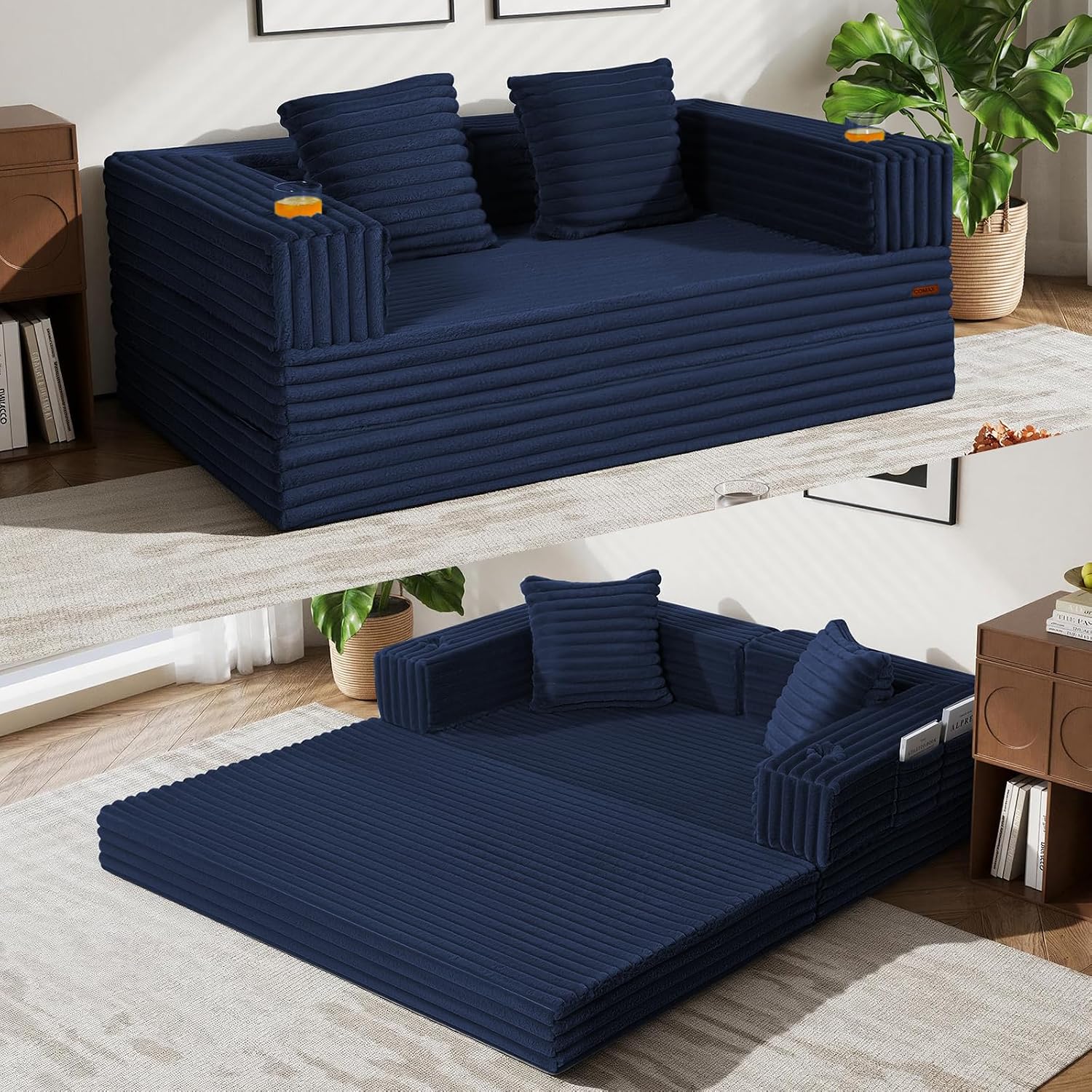 Cnmcld Boneless Futon Sofa Bed, 59" Small Low-Profile Floor Couch, Black
