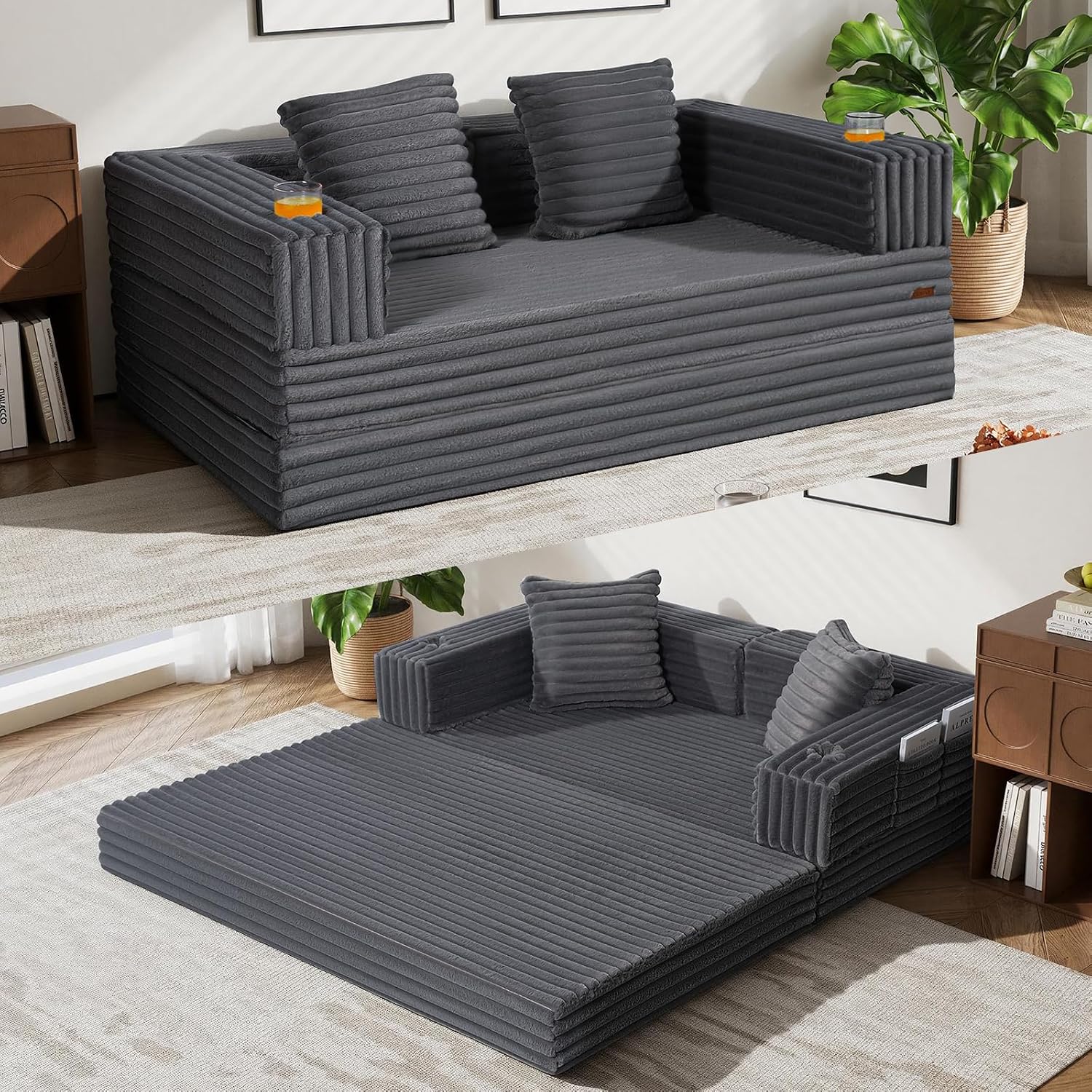 Cnmcld Boneless Futon Sofa Bed, 59" Small Low-Profile Floor Couch, Black