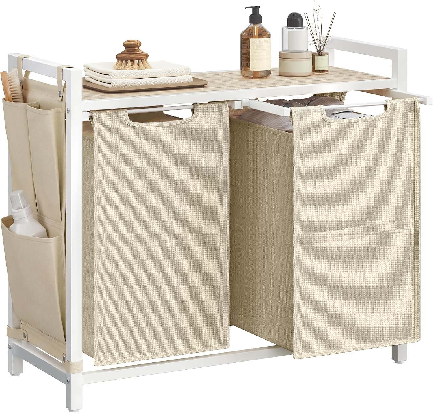 Laundry hamper with ventilated top shelf, removable washable fabric bags, robust steel‑MDF frame holding 44 lbs and adjustable feet for tidy bedroom, bathroom and utility‑room storage.